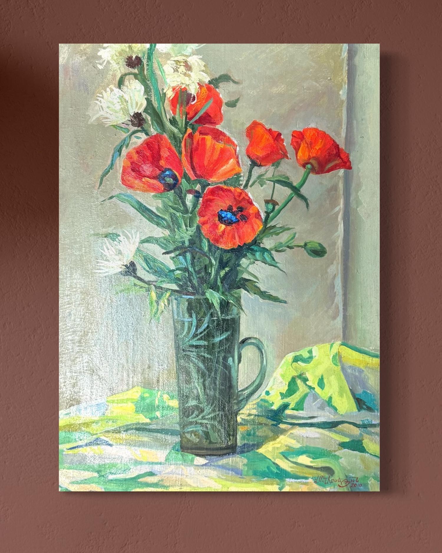 Amapolas Bodegón Impresionismo Pintura al óleo original, Lista para colgar - Painting Impresionista de Vahram Meliqsetyan