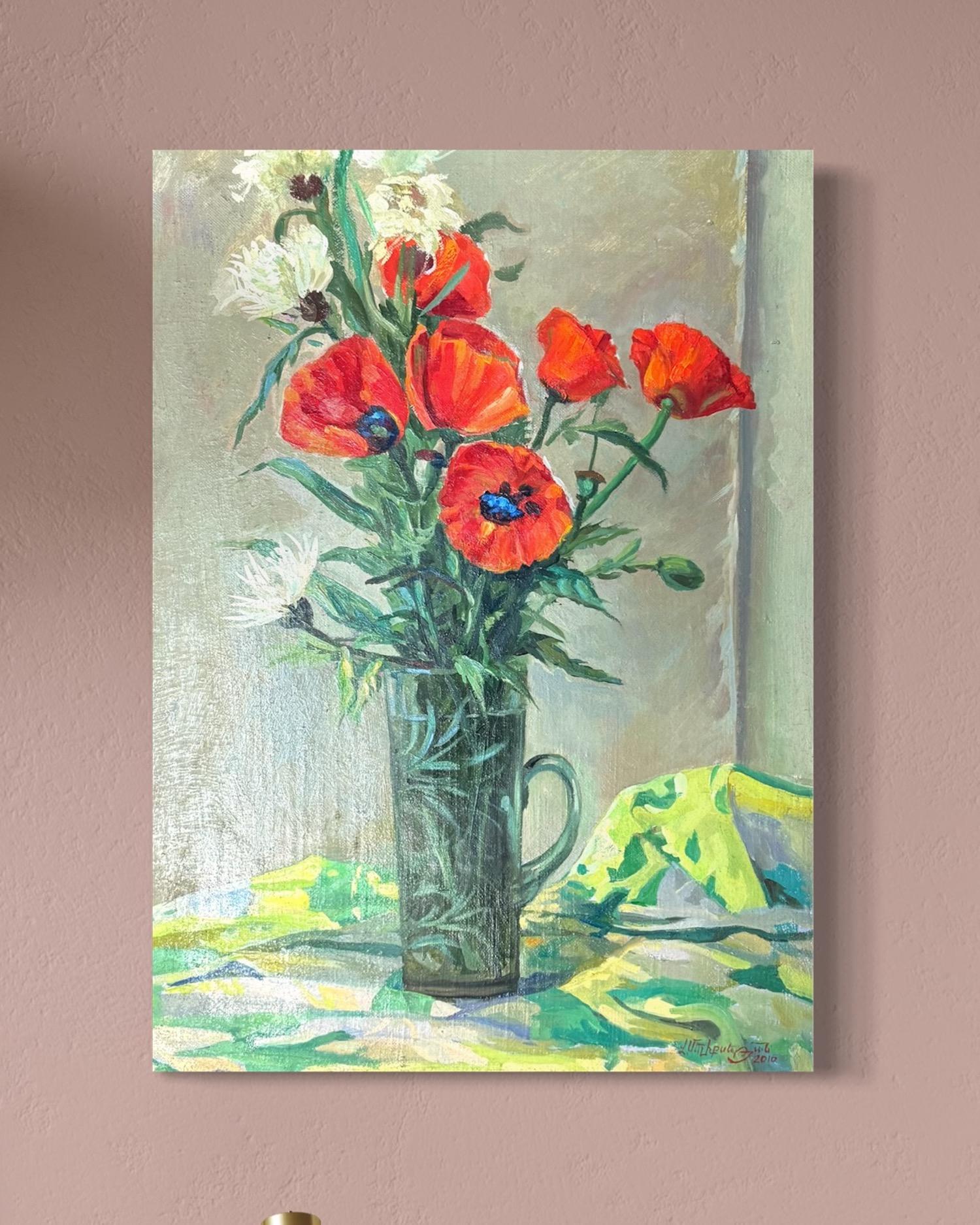 Amapolas Bodegón Impresionismo Pintura al óleo original, Lista para colgar - Still-Life Painting Gris de Vahram Meliqsetyan