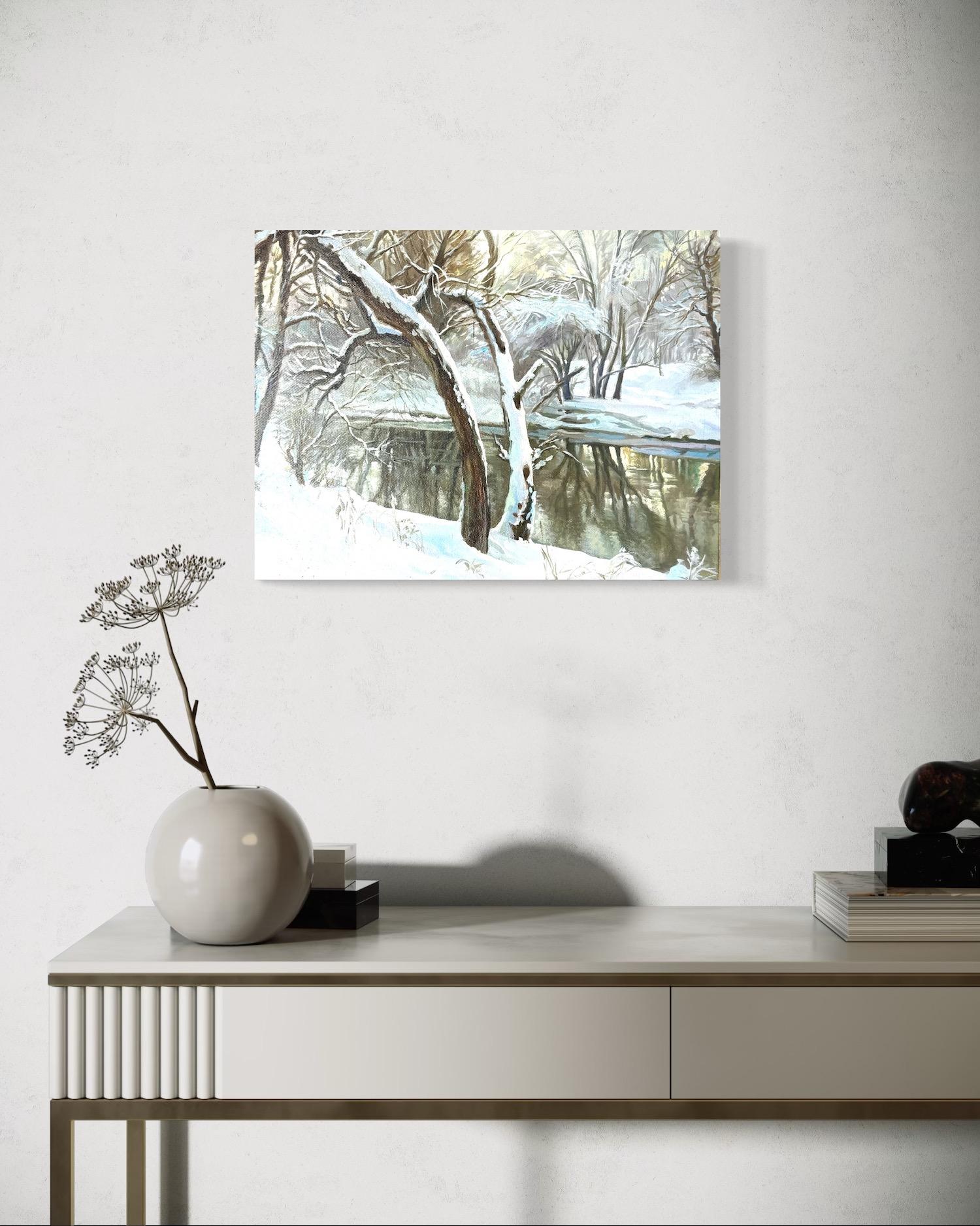 Paesaggio fluviale Impressionismo Pittura ad olio originale, pronta da appendere - Painting di Vahram Meliqsetyan