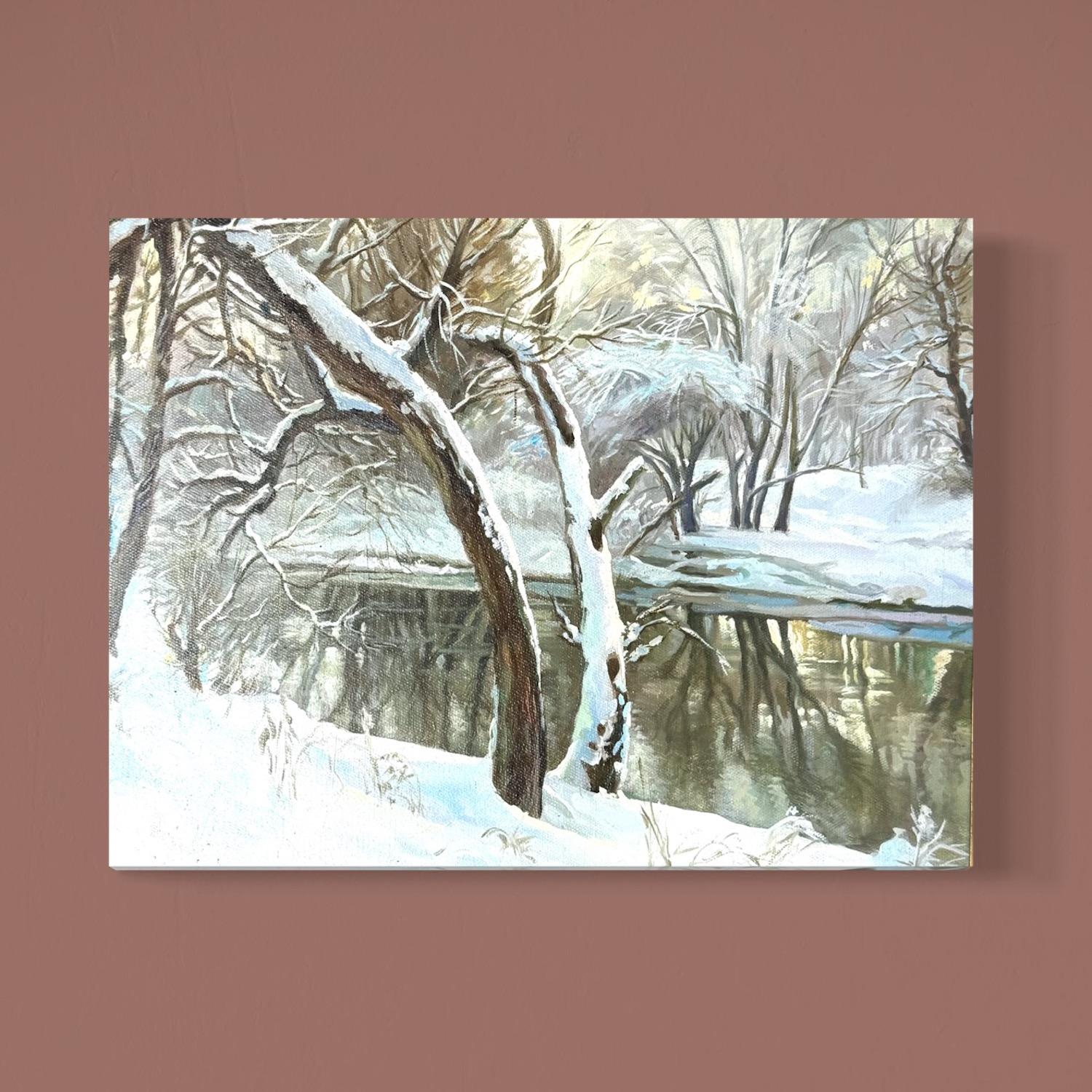 Paesaggio fluviale Impressionismo Pittura ad olio originale, pronta da appendere - Landscape Painting Grigio di Vahram Meliqsetyan