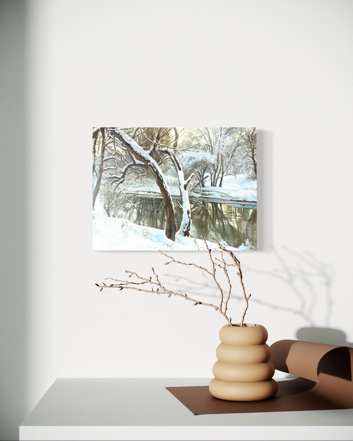 Paesaggio fluviale Impressionismo Pittura ad olio originale, pronta da appendere in vendita 2