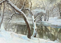 Paisaje ribereño Impresionismo Pintura al óleo original, Lista para colgar