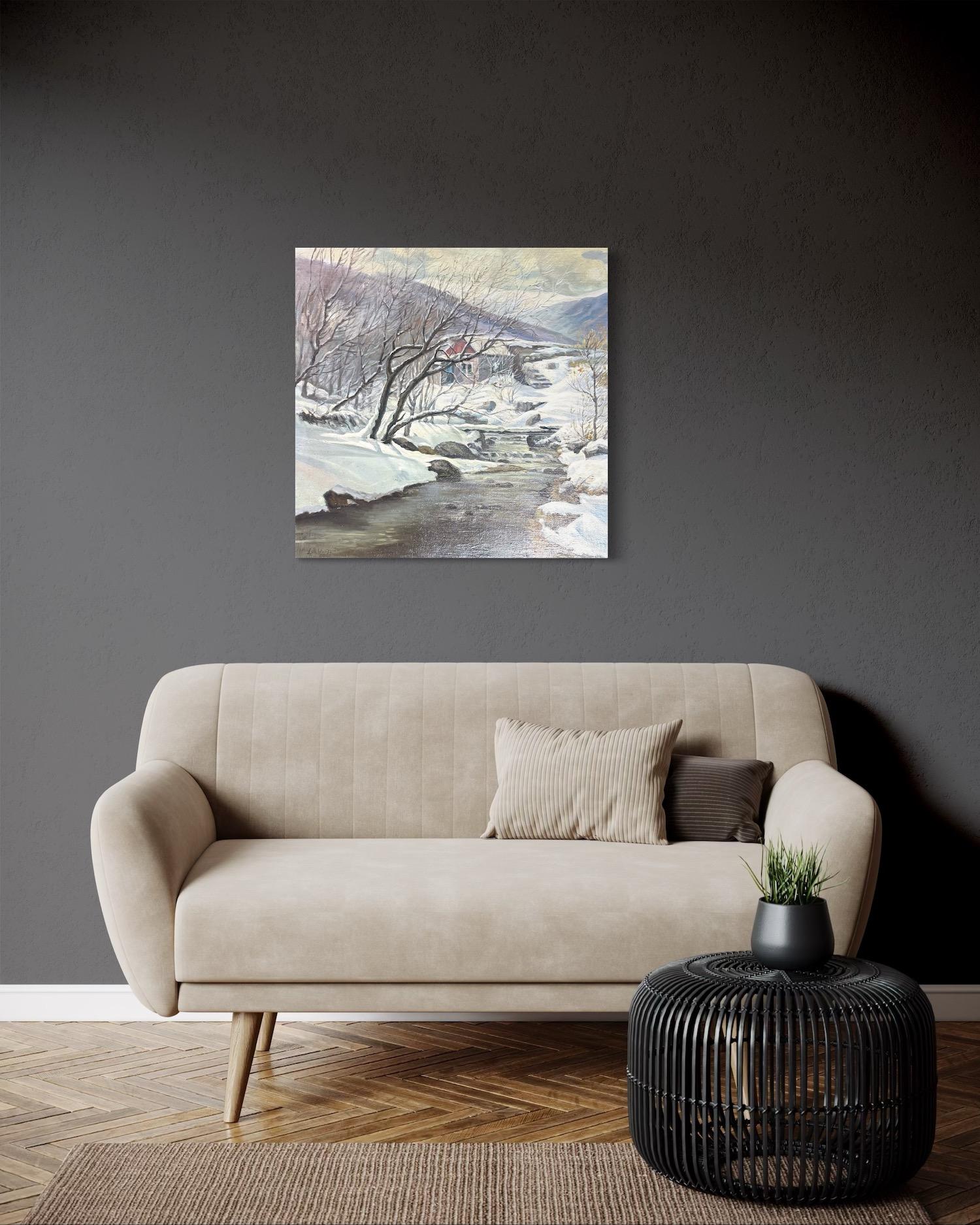 Paesaggio innevato Pittura ad olio originale, pronta da appendere - Landscape Painting Grigio di Vahram Meliqsetyan