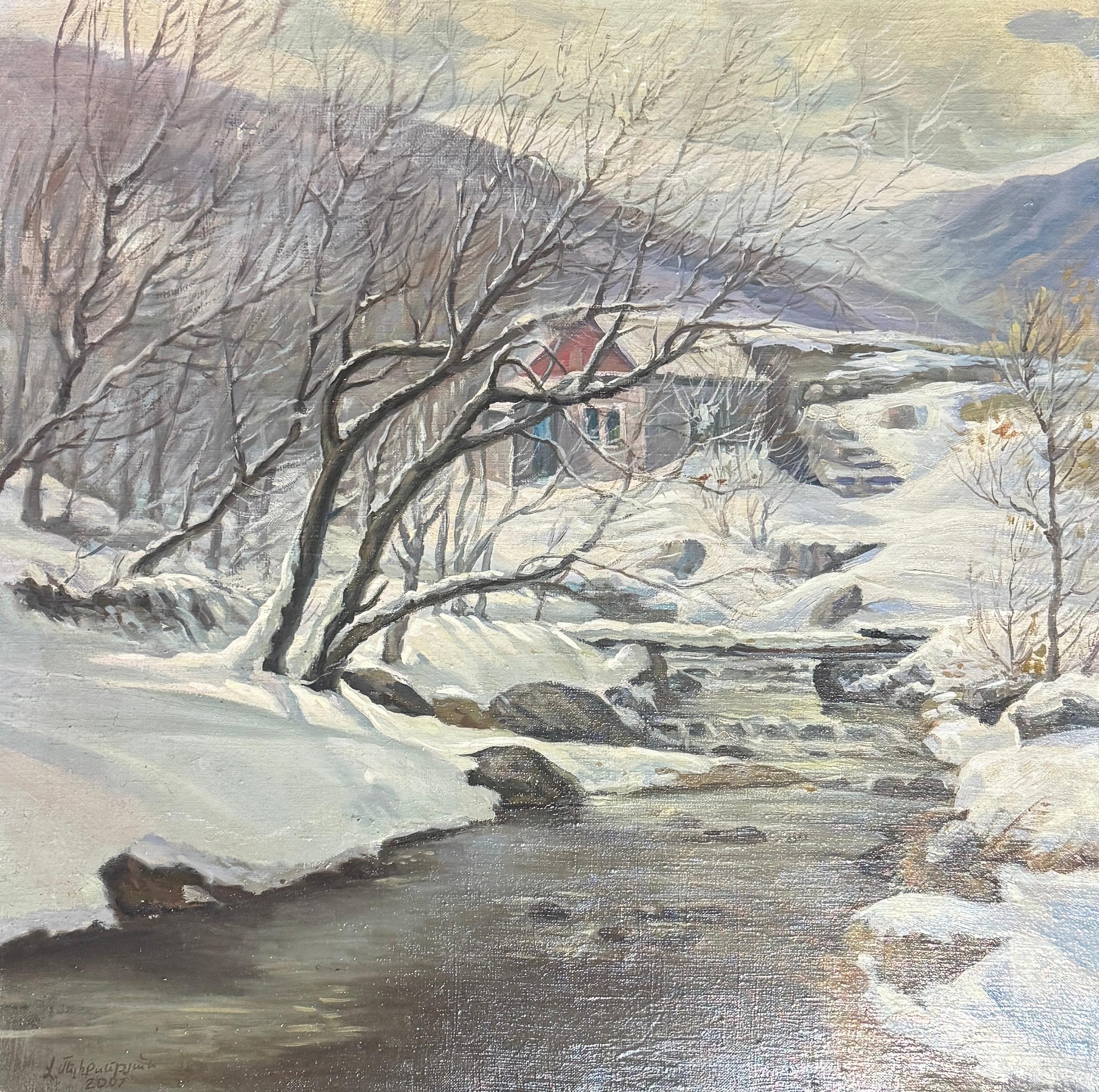 Paesaggio innevato Pittura ad olio originale, pronta da appendere