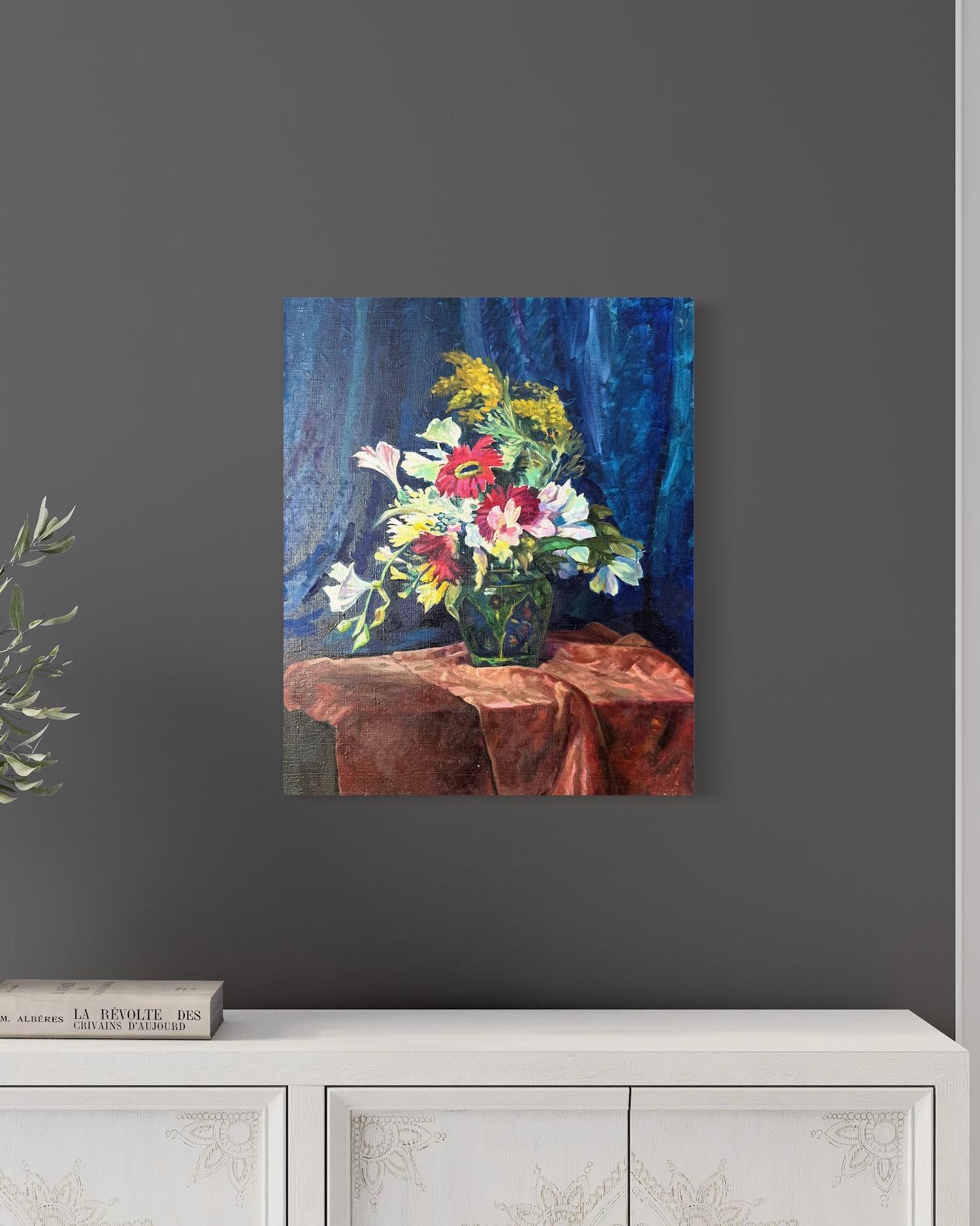 Vaso di fiori Natura morta Pittura ad olio originale, pronta da appendere - Still-Life Painting Nero di Vahram Meliqsetyan