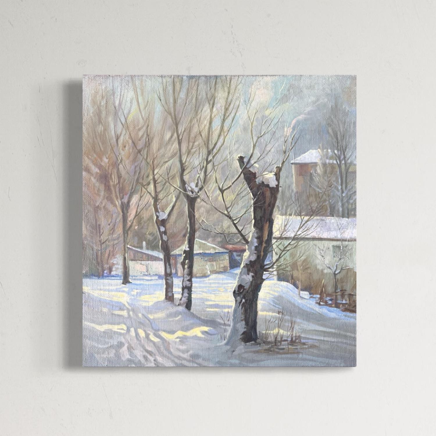 Alberi d'inverno Paesaggio Impressionismo Pittura ad olio originale, pronta da appendere - Painting di Vahram Meliqsetyan