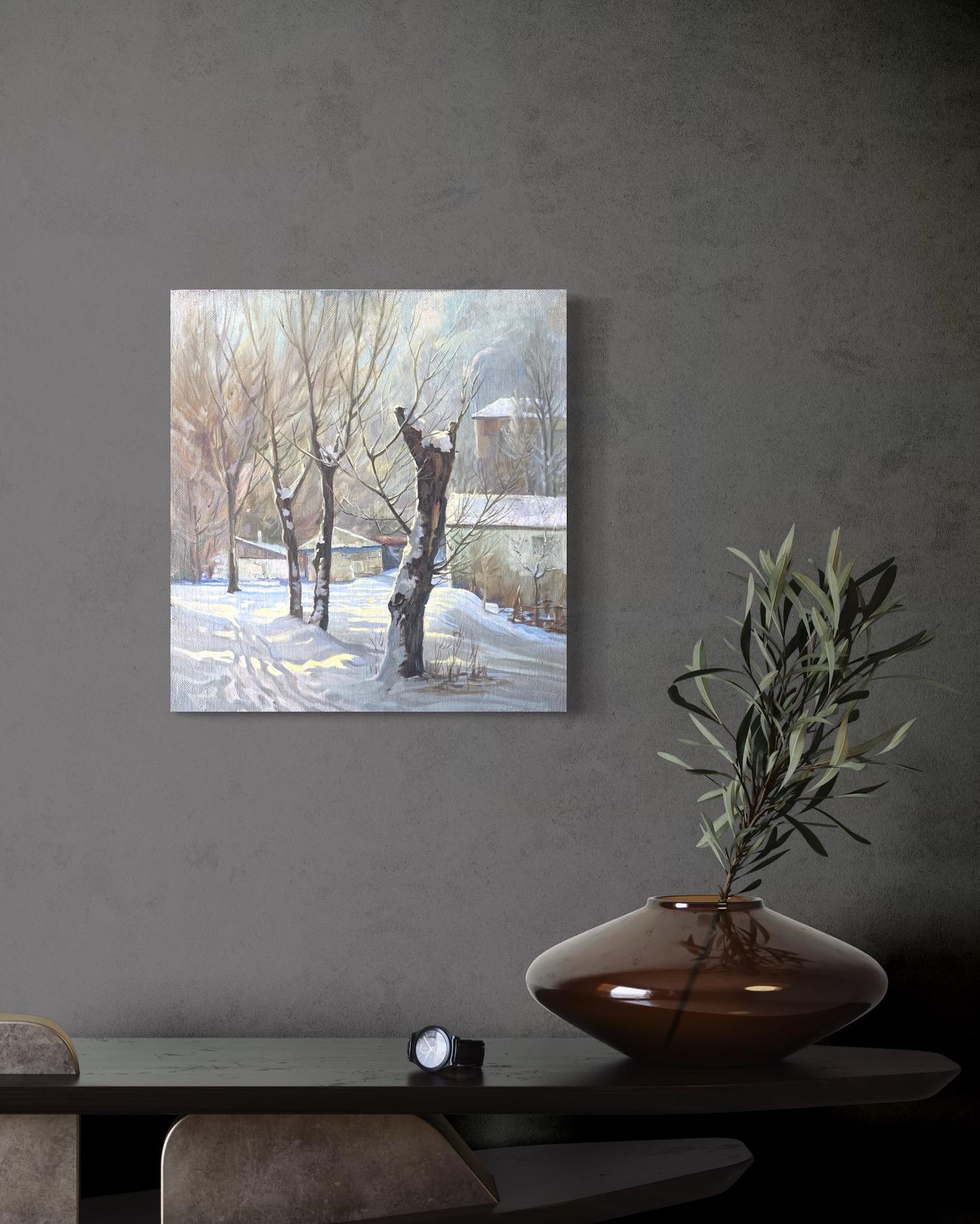 Alberi d'inverno Paesaggio Impressionismo Pittura ad olio originale, pronta da appendere - Landscape Painting Grigio di Vahram Meliqsetyan
