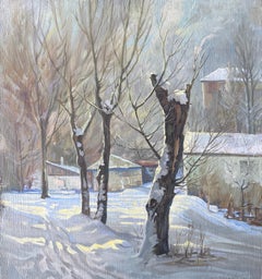 Árboles de invierno Paisaje Impresionismo Pintura al óleo original, Lista para colgar