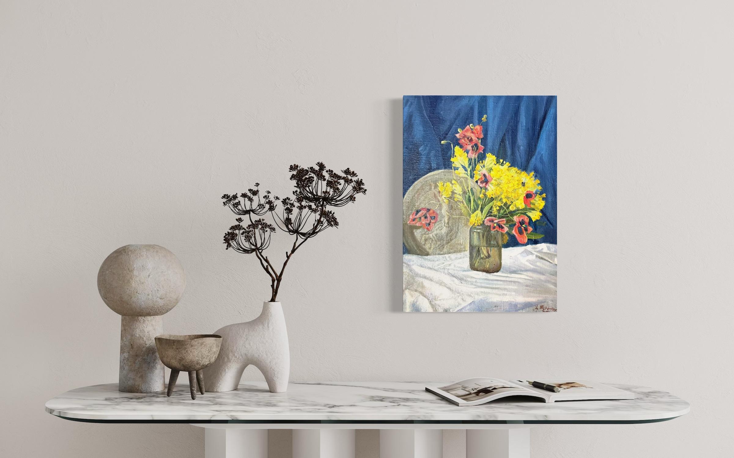 Fiori gialli Natura morta Impressionismo Pittura ad olio originale, pronta da appendere - Painting di Vahram Meliqsetyan