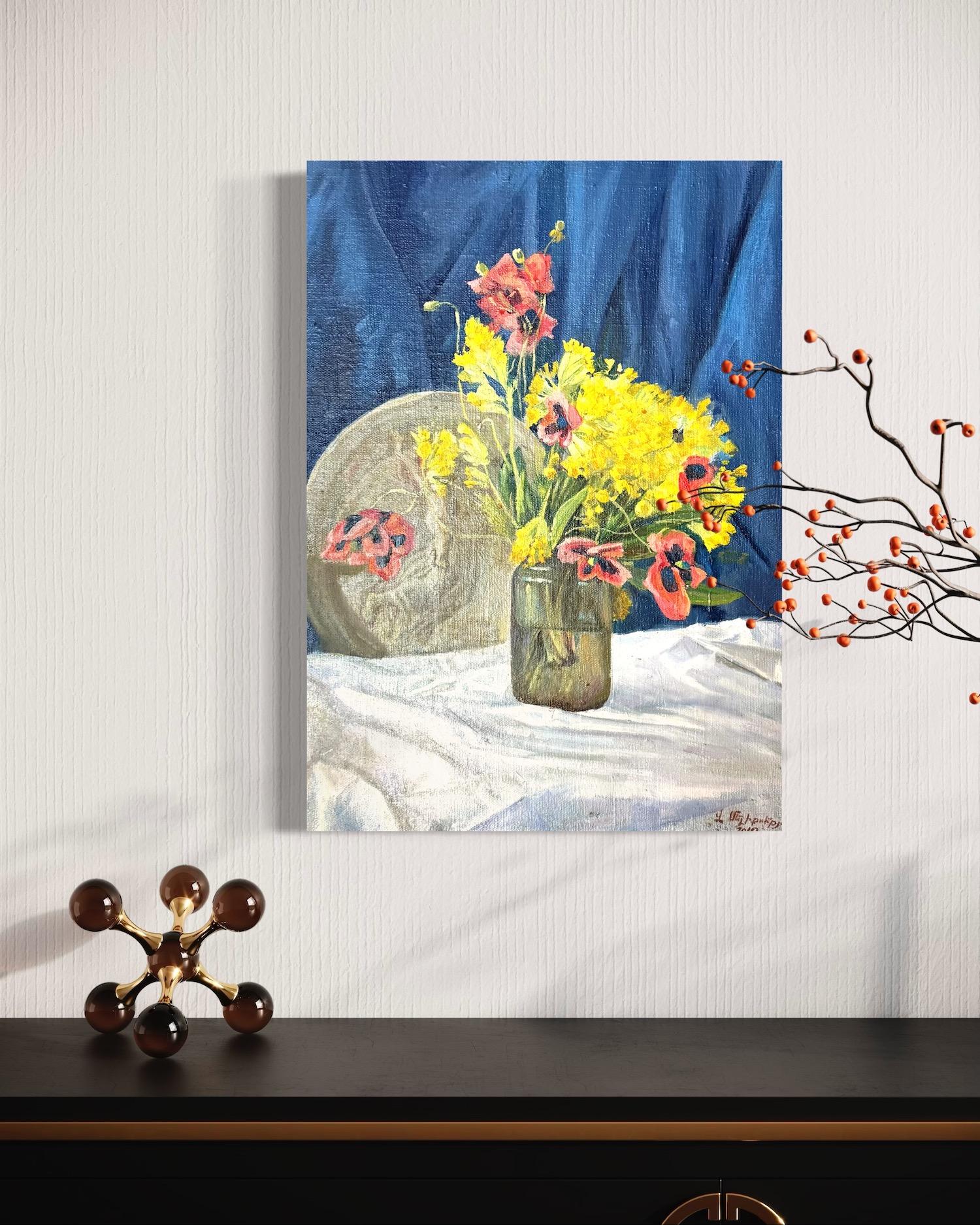 Fiori gialli Natura morta Impressionismo Pittura ad olio originale, pronta da appendere - Still-Life Painting Grigio di Vahram Meliqsetyan