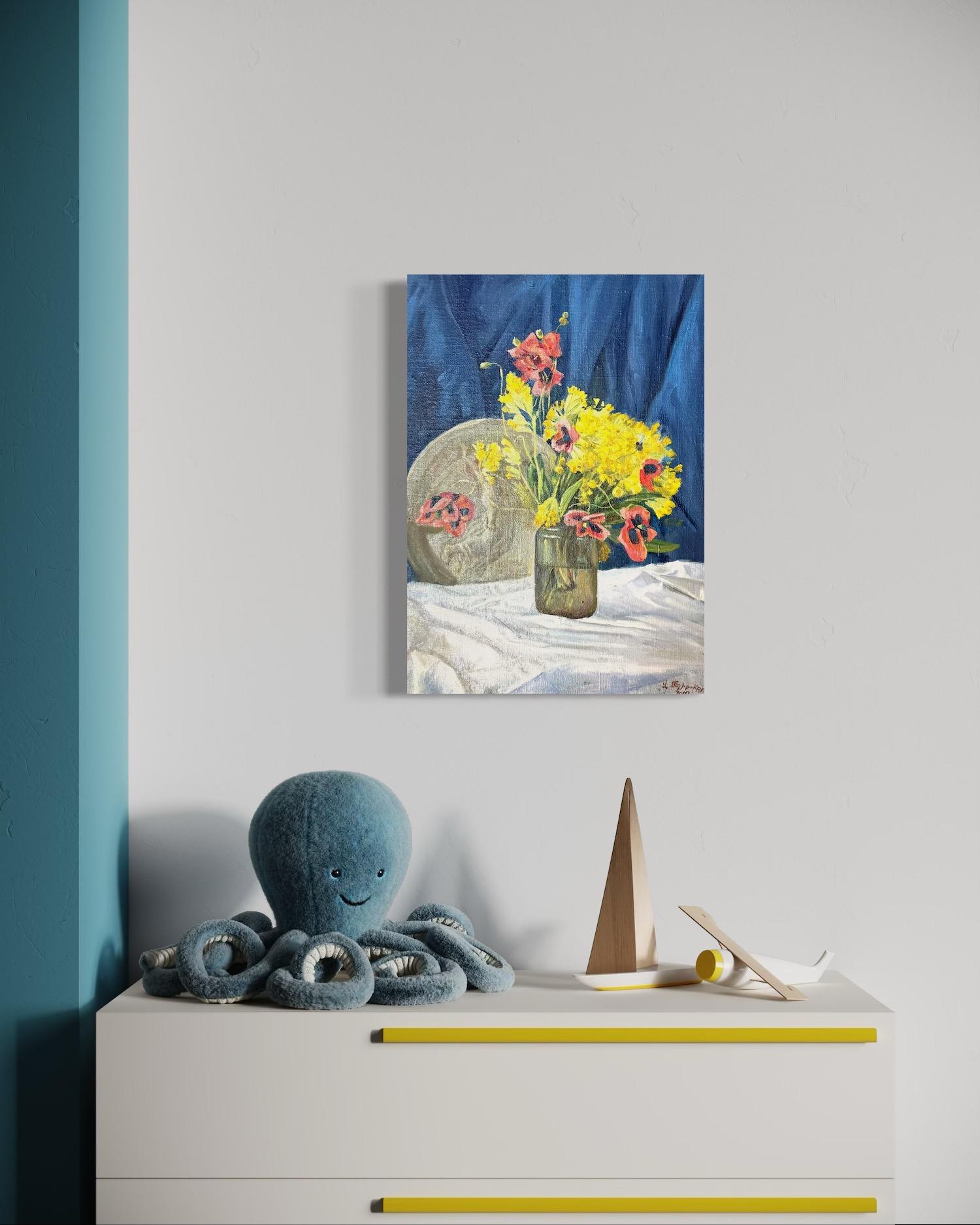Fiori gialli Natura morta Impressionismo Pittura ad olio originale, pronta da appendere in vendita 1