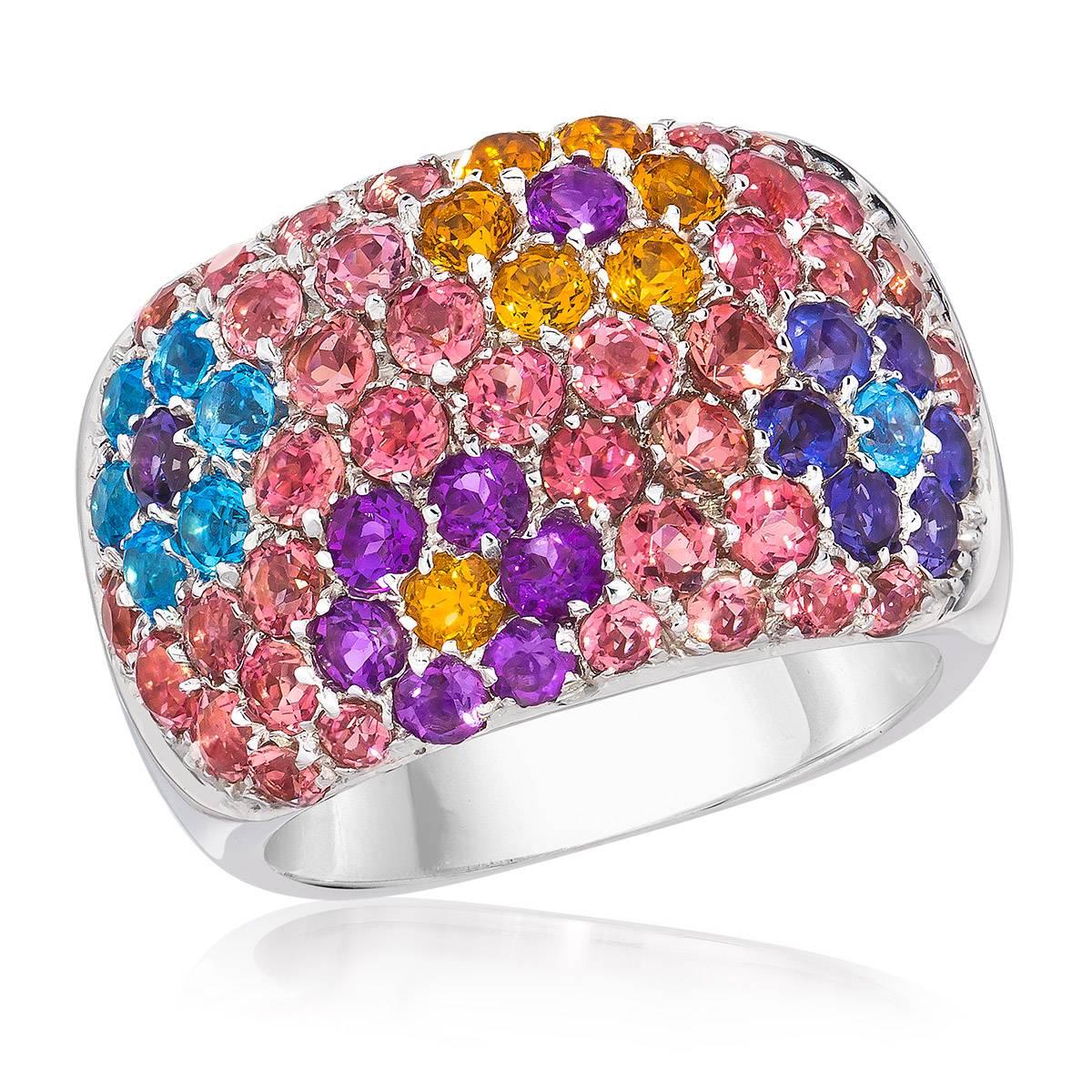 Vaid 18 Karat White Gold Pink Tourmaline and Semi- Precious Flowers Band  In New Condition For Sale In New York, NY