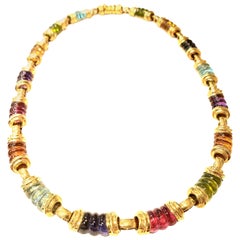 Vaid 18 Karat Yellow Gold Choker Necklace with Sixteen Multi-Color Tourmalines