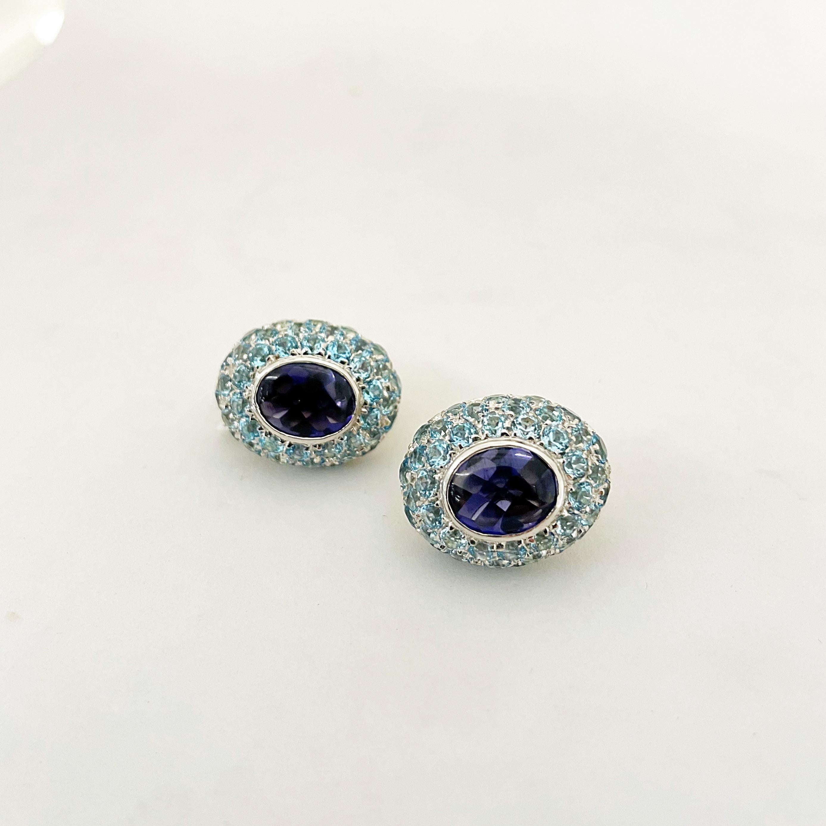 Modern Vaid Roma 18 Karat White Gold Earrings with Iolite and Blue Topaz For Sale