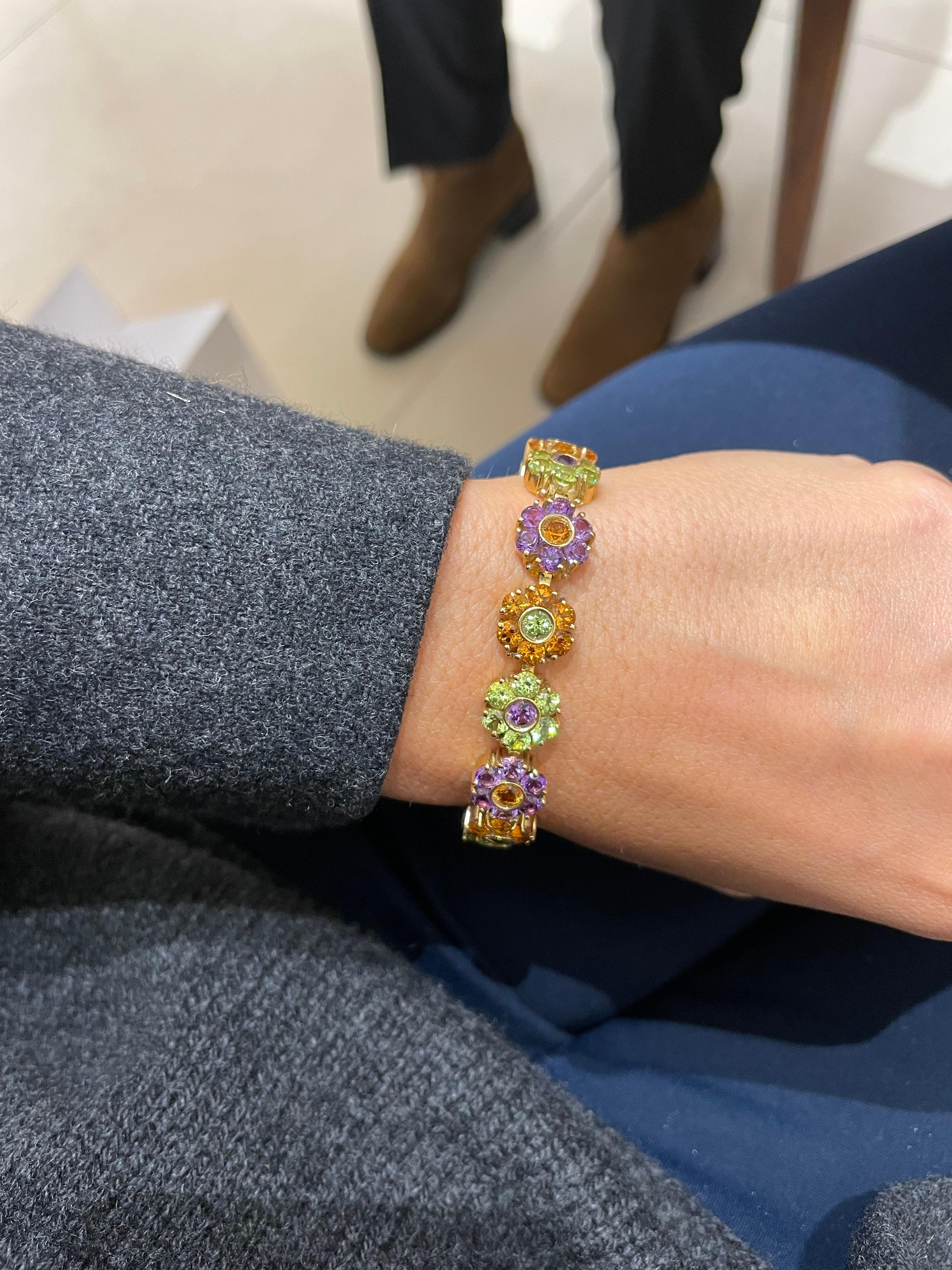 Contemporary Vaid Roma 18KT Yellow Gold Bracelet with Citrine, Peridot, & Amethyst Flowers For Sale
