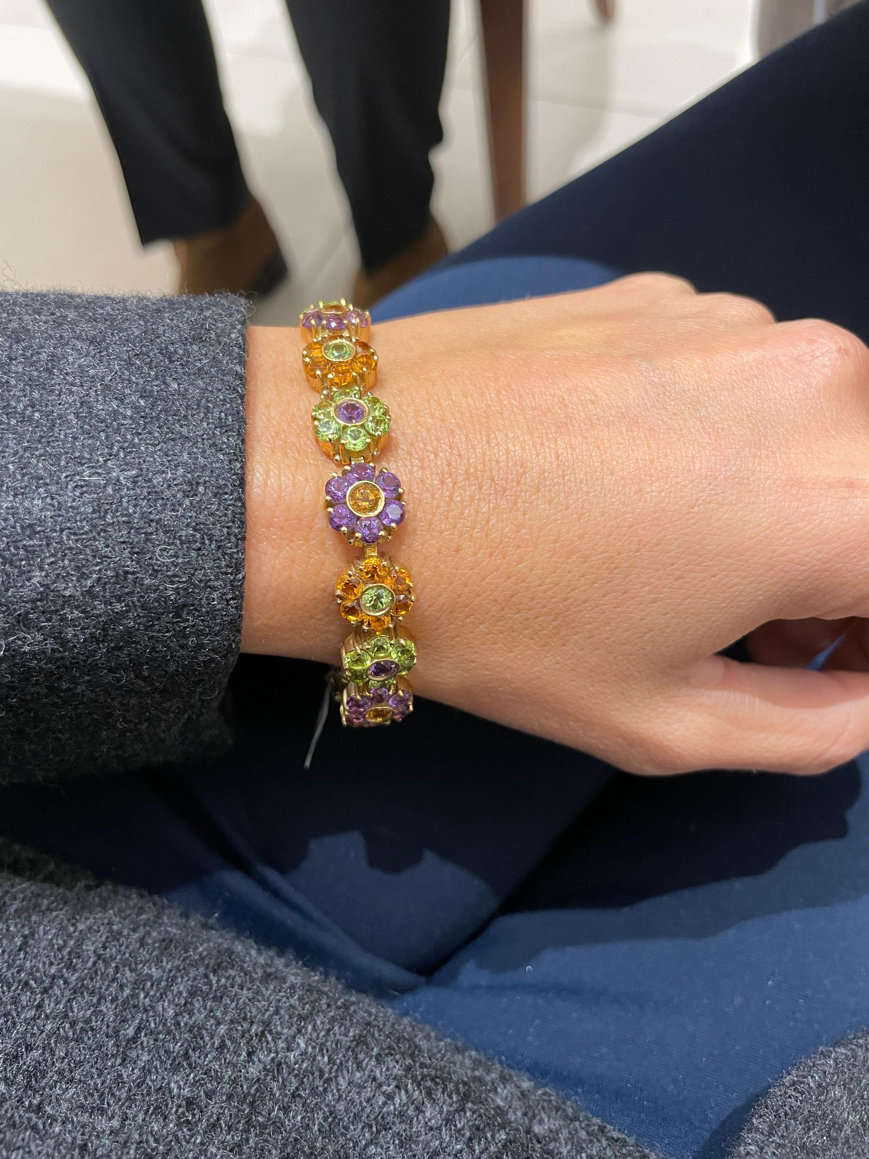 Round Cut Vaid Roma 18KT Yellow Gold Bracelet with Citrine, Peridot, & Amethyst Flowers For Sale