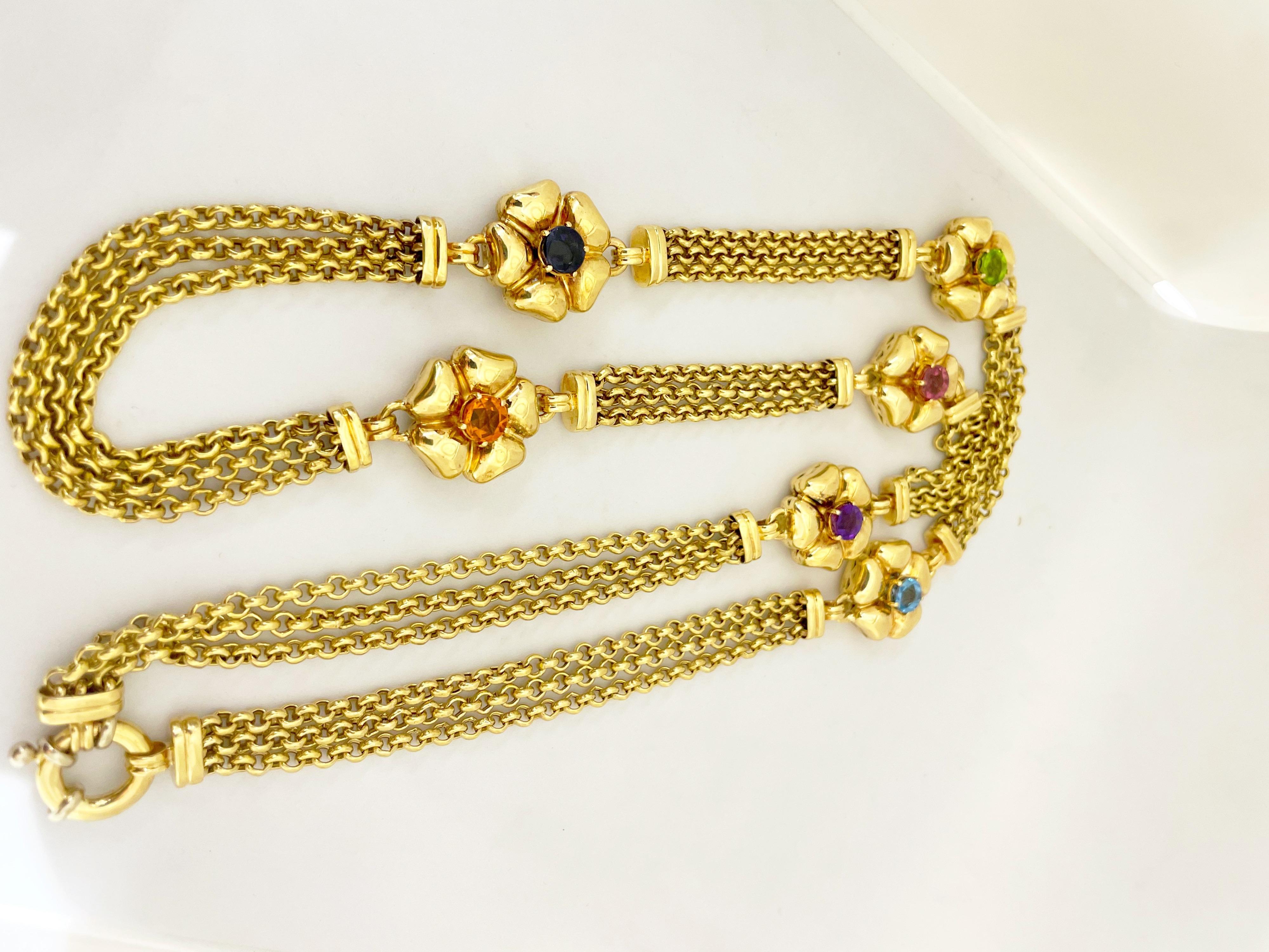Retro Vaid Roma 18 Karat Yellow Gold and Semi Precious Flower Necklace For Sale