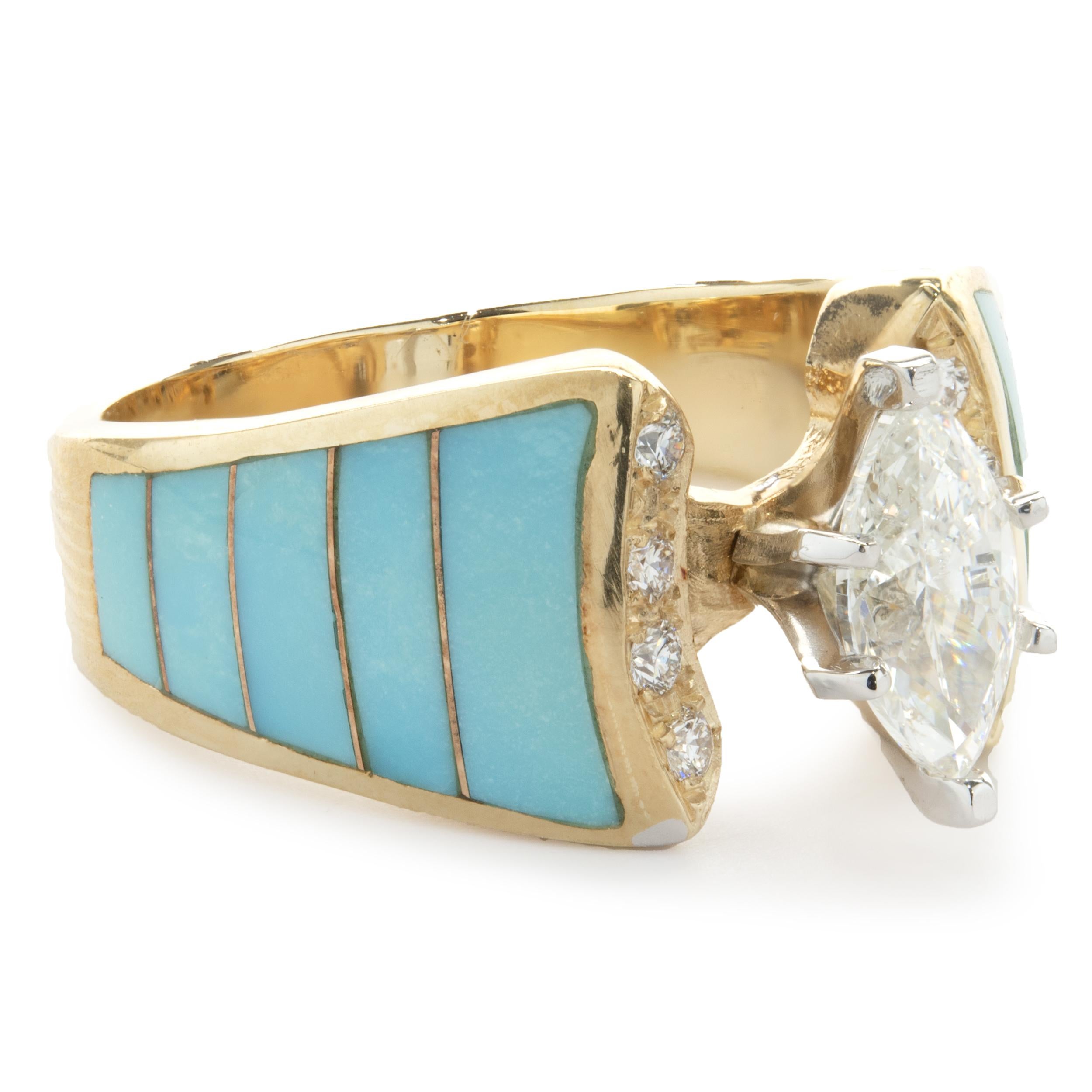 Vaio 14 Karat Gelbgold Ring mit Marquise-Diamant und Türkis-Intarsien im Zustand „Hervorragend“ in Scottsdale, AZ
