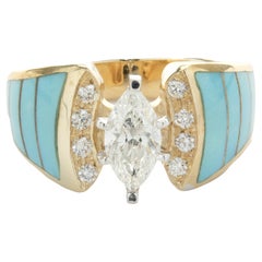 Vaio 14 Karat Yellow Gold Marquise Diamond and Turquoise Inlay Ring