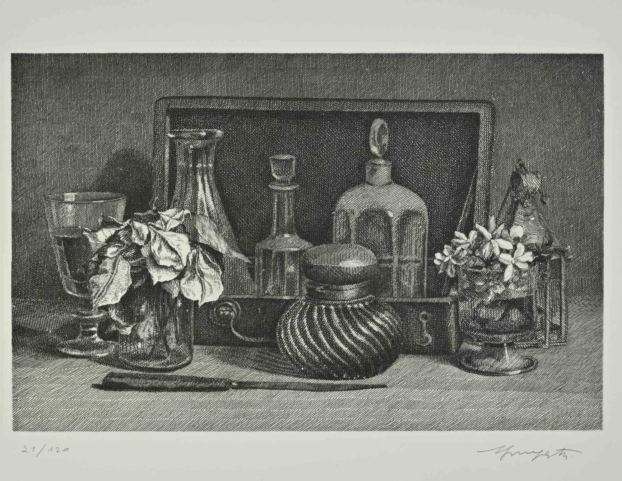 Composición de naturaleza muerta es una obra de arte realizada en la década de 1970 por Vairo Mongatti.

Grabado en blanco y negro.

Firmado y numerado a mano. Edición de 21/120 copias.

Buen estado de conservación, con ligeras manchas.