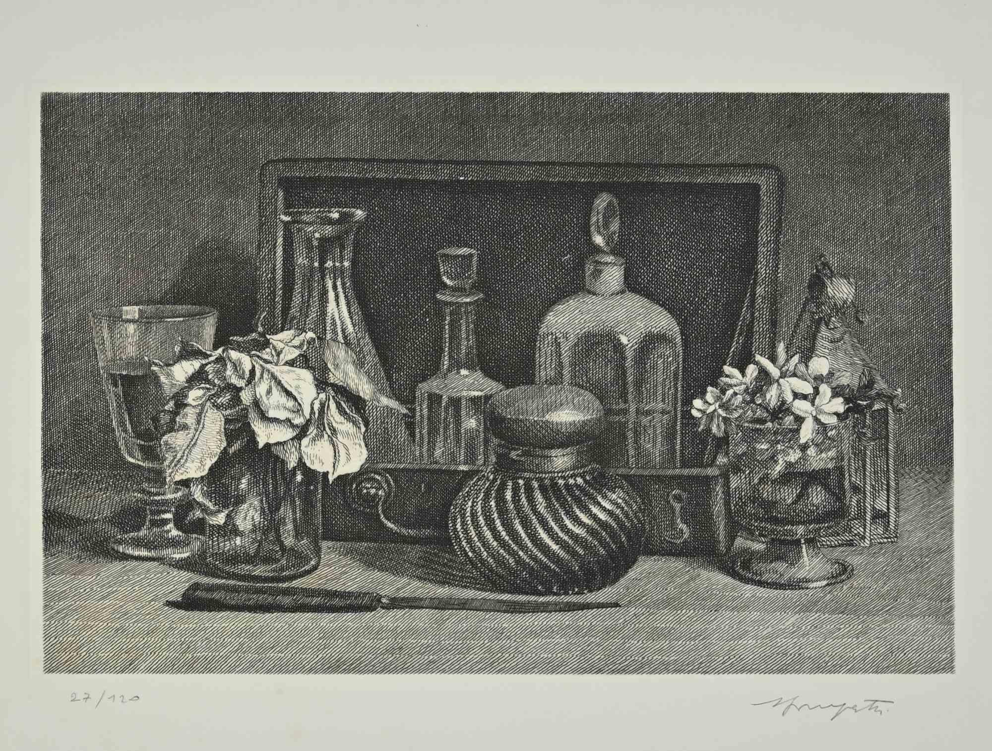 Composición de naturaleza muerta es una obra realizada en la década de 1970 por Vairo Mongatti.

Grabado en blanco y negro.

Firmado y numerado a mano. Edición de 22/120 copias.