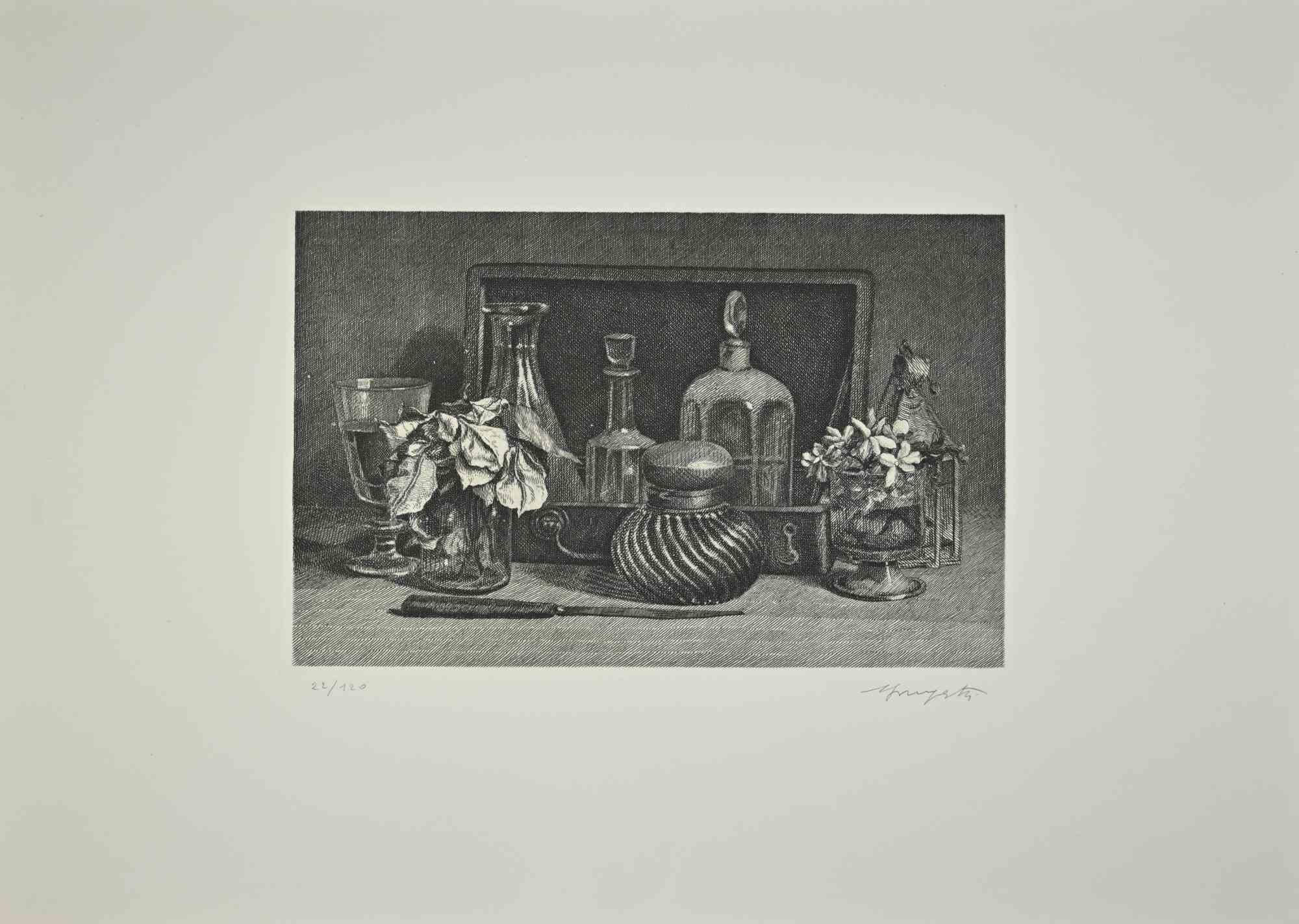 Composición de naturaleza muerta es una obra de arte realizada en la década de 1970 por Vairo Mongatti.

Grabado en blanco y negro.

Firmado y numerado a mano. Edición de 22/120 copias.
