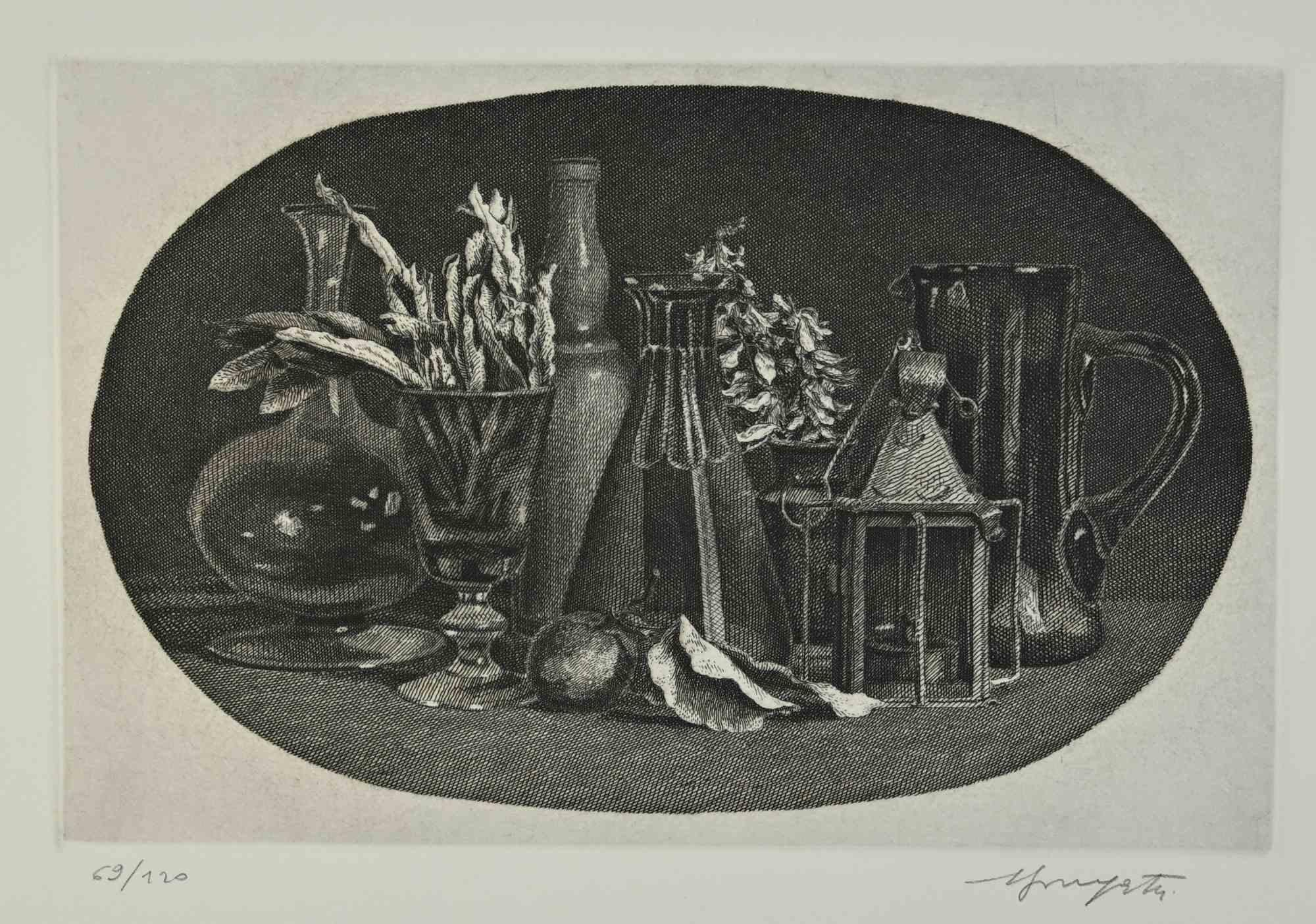 Composición de naturaleza muerta es una obra de arte original realizada en la década de 1970 por Vairo Mongatti.

Grabado en blanco y negro.

Firmado y numerado a mano. Edición de 69/120 copias.

Buenas condiciones.