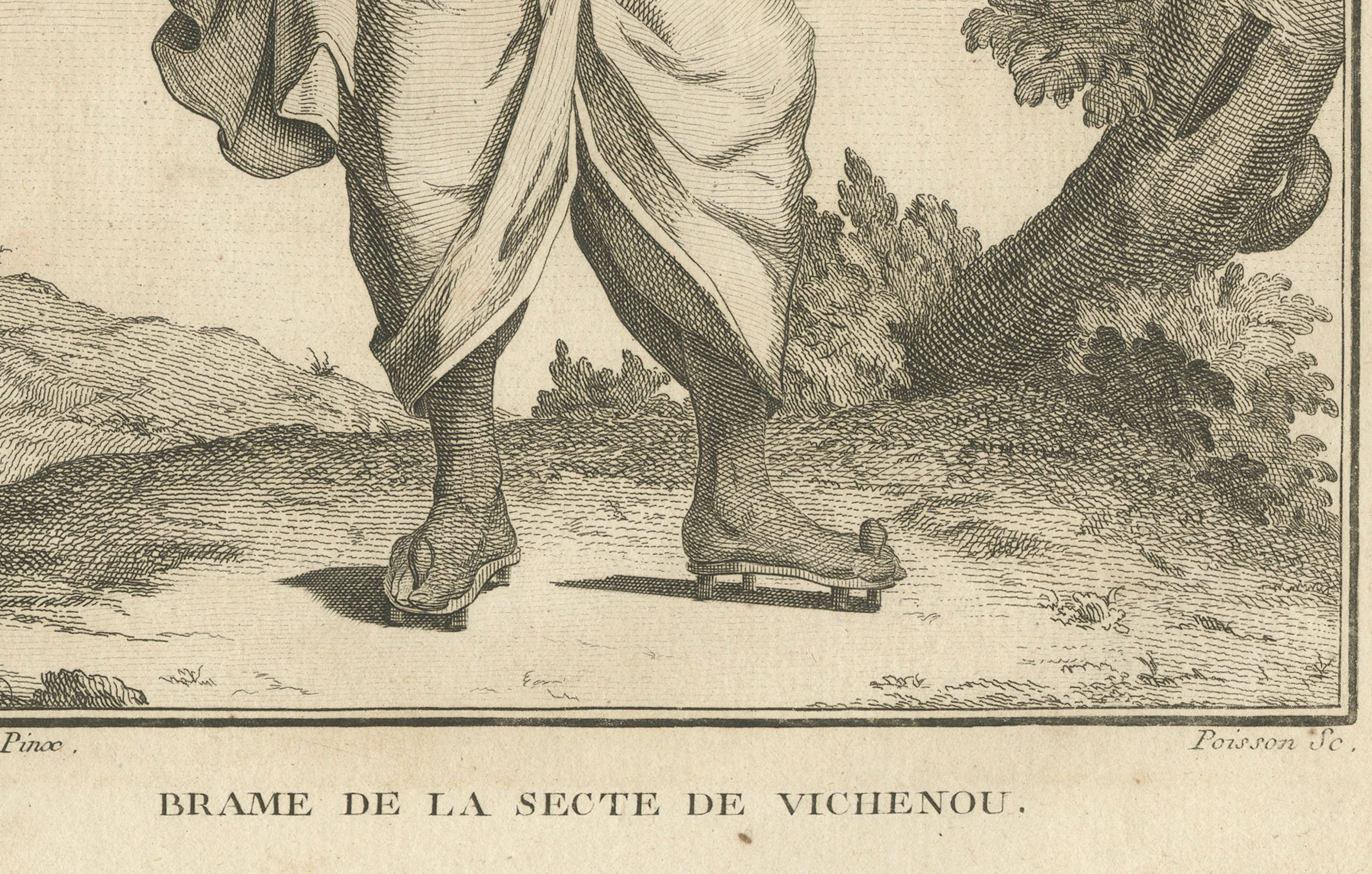 Vaishnavitischer Brahmane aus Indien - Sonnerat-Gravur, Pariser Ausgabe, 1806

Diese fein gestochene Tafel mit dem Titel *Brame de la Secte de Vichenou* (Brahmane der Vishnu-Sekte) ist Tafel Nummer 12 aus der *Collection de Planches pour servir au