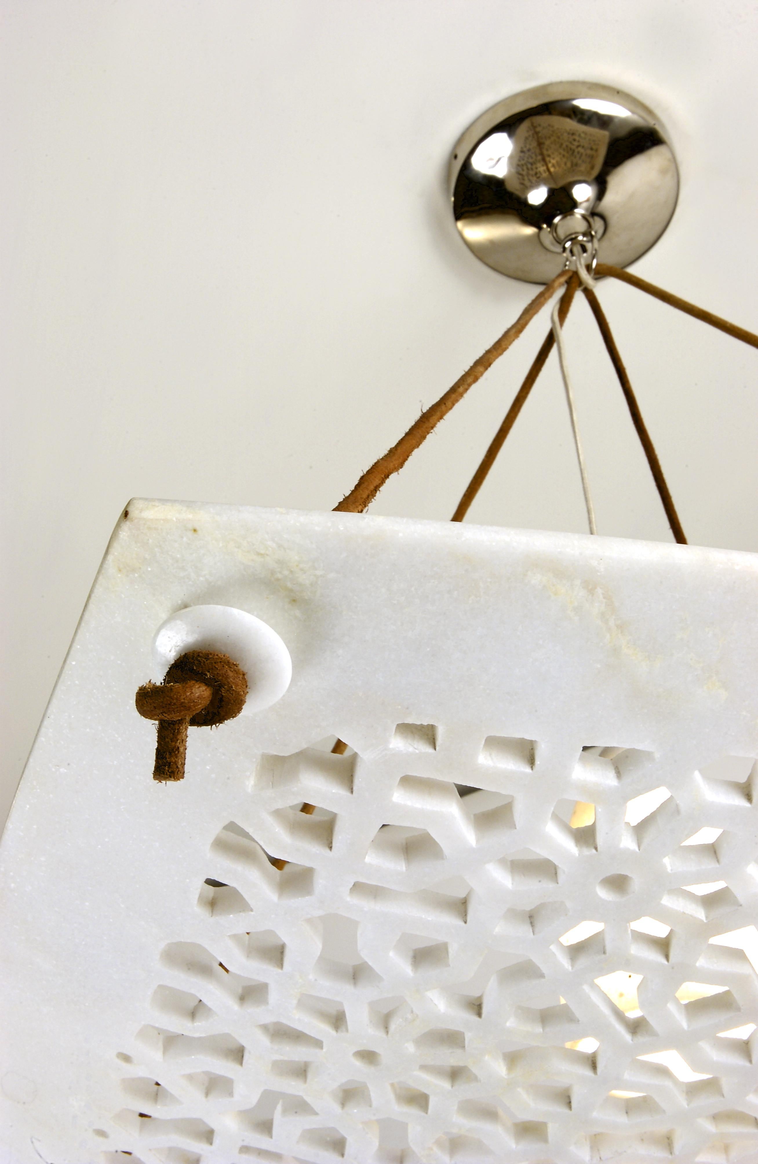 Hand-Carved Vaisseau Square Geometric Jali Chandelier in White Marble by Paul Mathieu For Sale