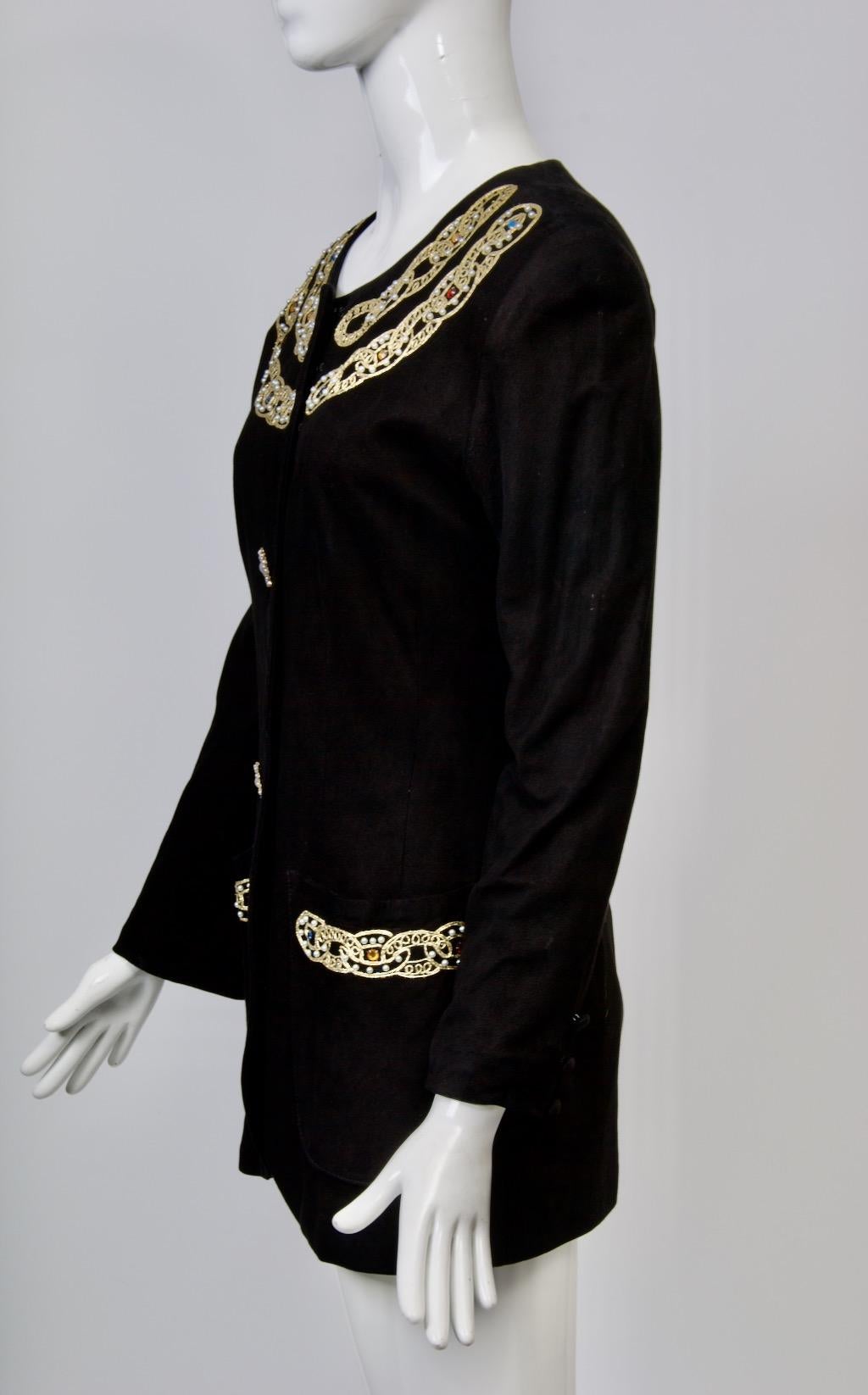 Vakko Black Suede Jacket with Gold and Stone Trim For Sale 3