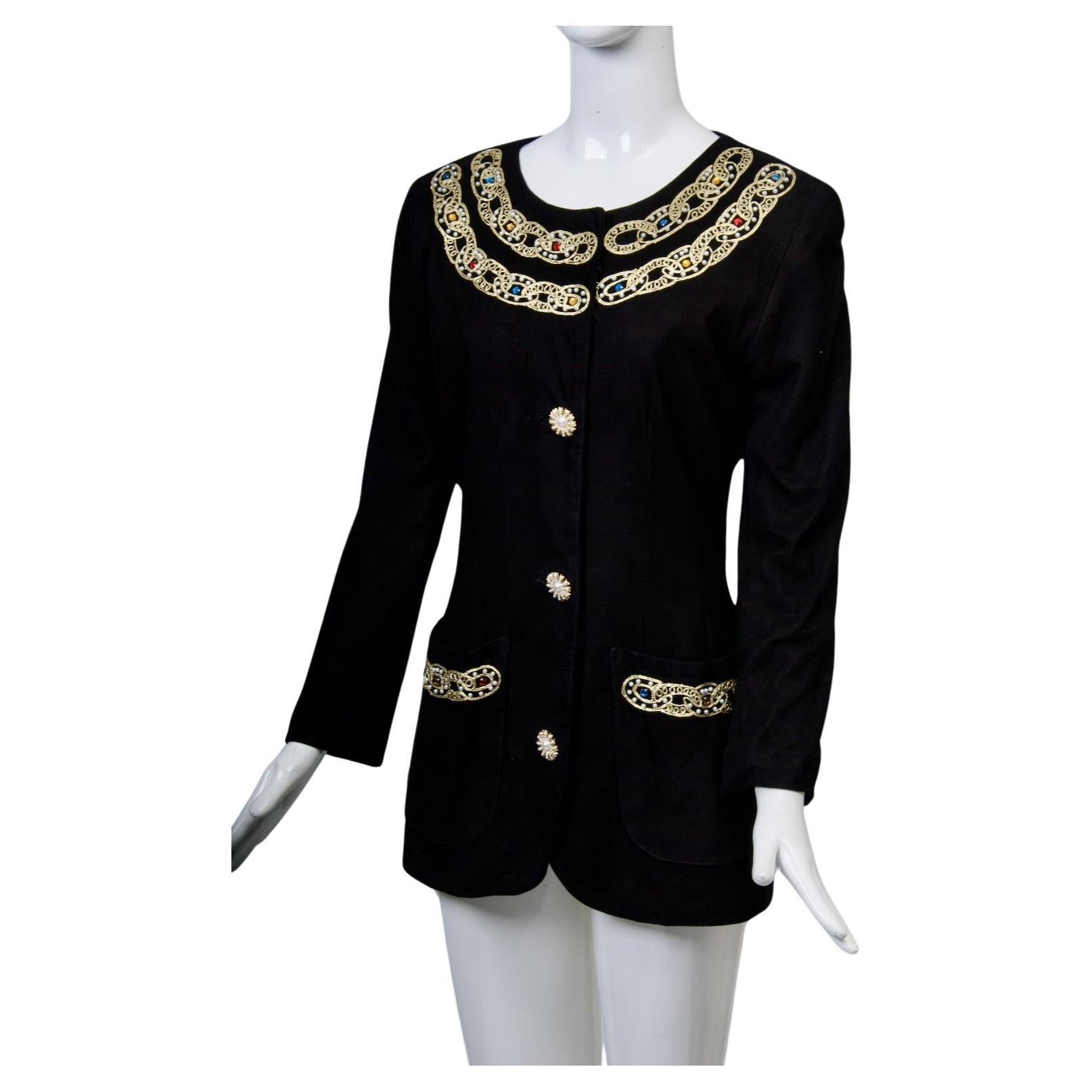 Vakko Black Suede Jacket with Gold and Stone Trim For Sale
