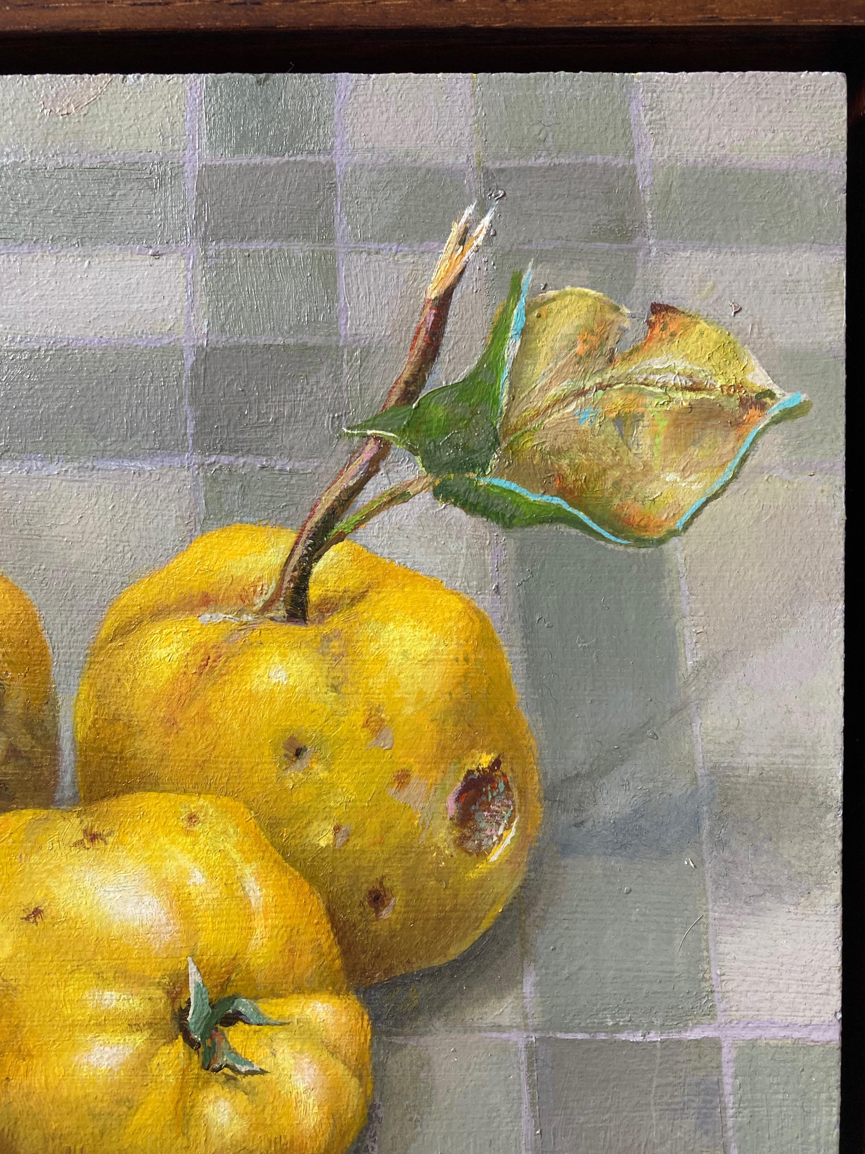 A really striking image of quinces on a tablecloth with vivid colour and wonderful detail.

Val Archer, Contemporary
Three Quinces
Signed with initials
Oil on board
8 x 8 inches 
9 x 9 inches with frame

Val Archer was born in Northampton where her