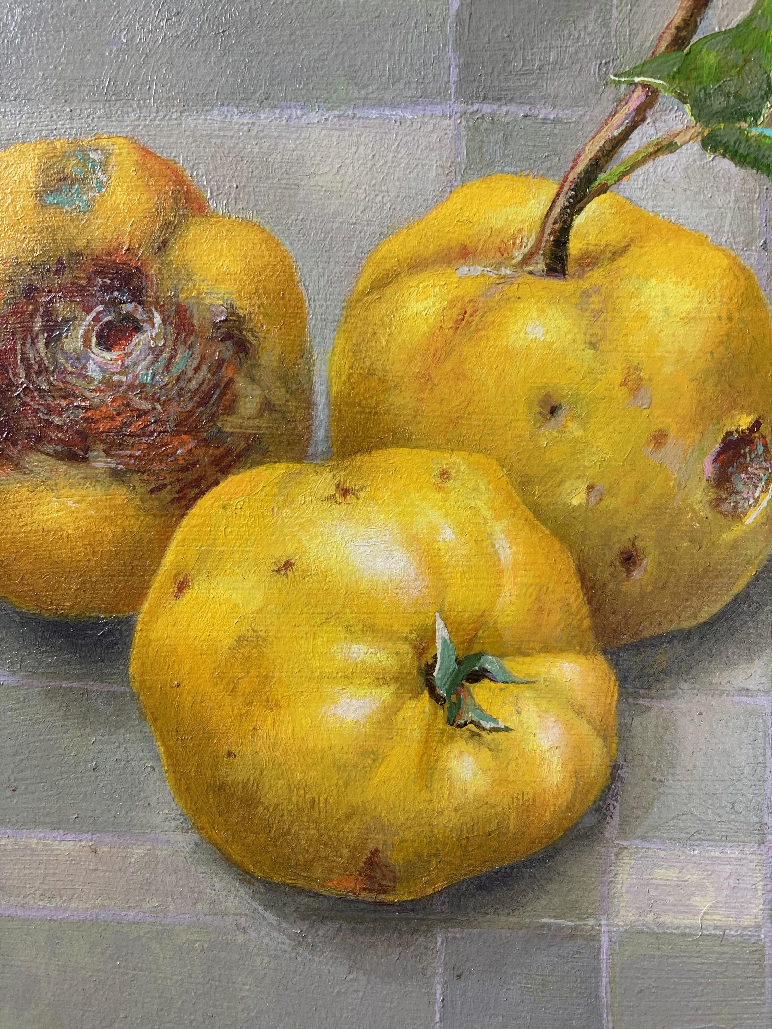 Val Archer, Still life of Quinces on a table cloth 2