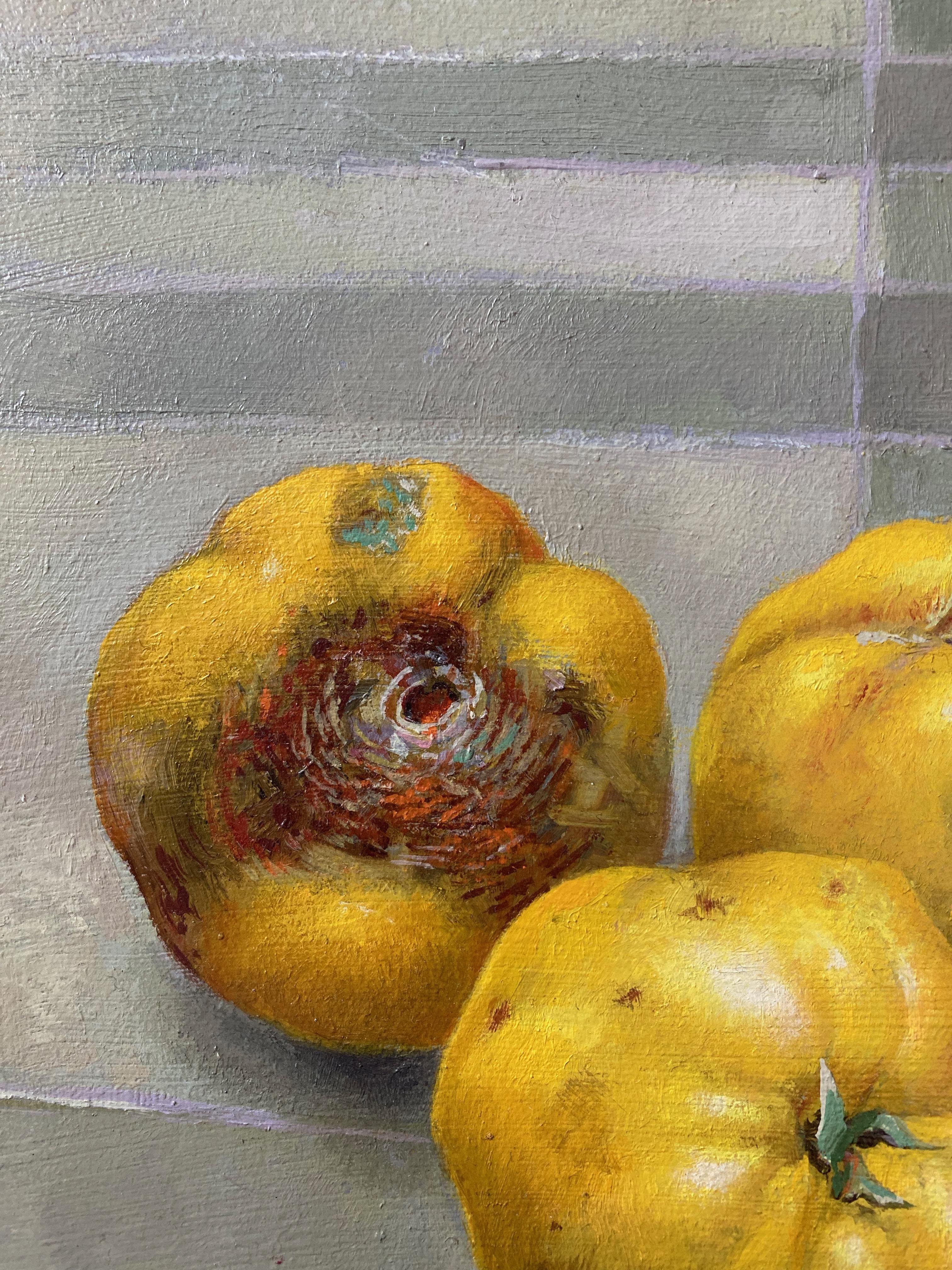 Val Archer, Still life of Quinces on a table cloth 3