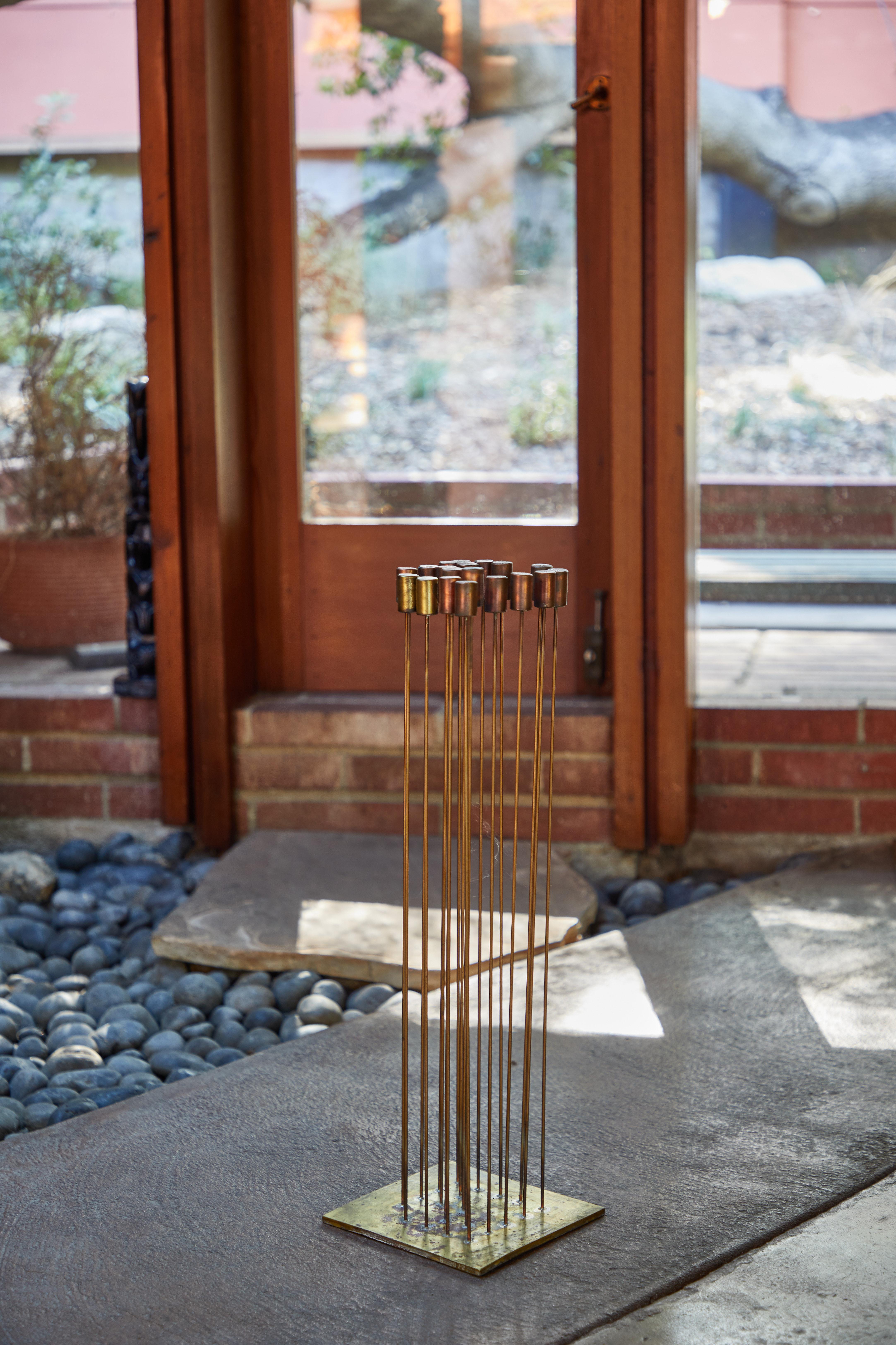 Val Bertoia 20-Rod Sonambient sound sculpture. A lyrical sculpture with “Certificate of Authenticity” signed by the artist and son of the original designer, Harry Bertoia. Comprised of 2 brass tops and 18 copper tops silvered to beryllium-copper