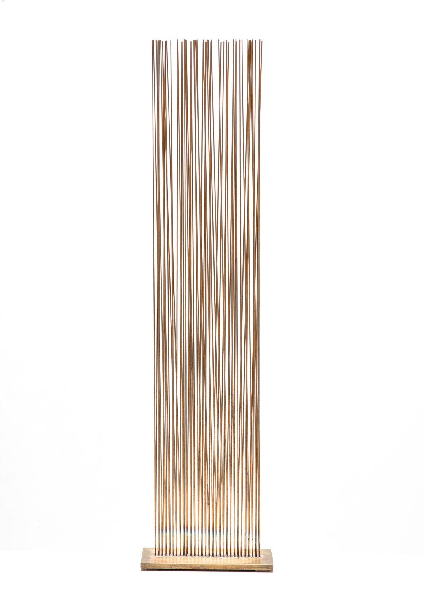 Val Bertoia Sonambient Sculpture
3' tall
Makes a beautiful resonant tone when the rods are shuffled
 
60 Silicon Bronze rods w/ silver in V-shaped rows affixed to a brass base
Stamped with the serial number B-1785
 
 
 
Accompanied by a COA