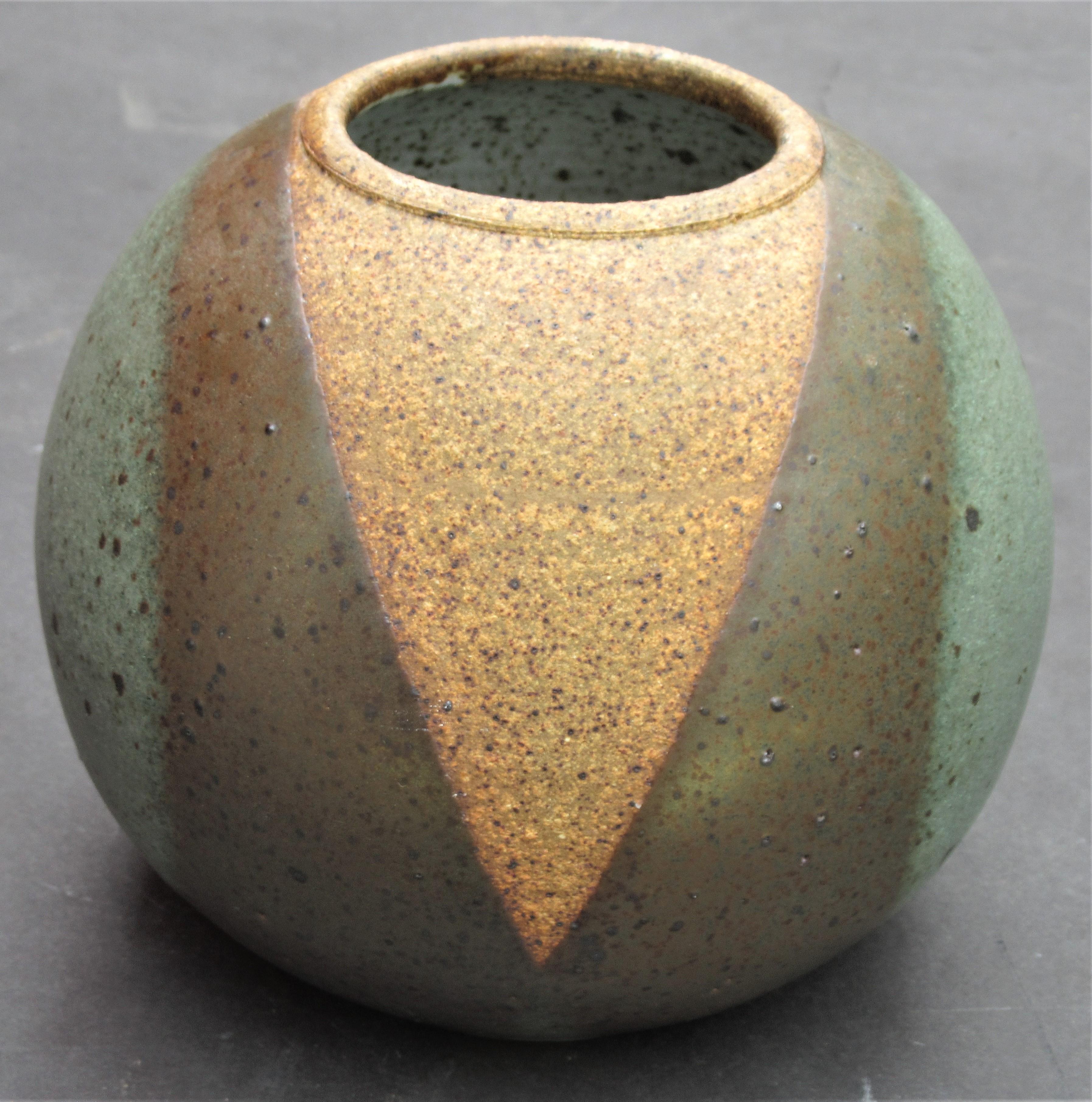 A very fine spherical form multi - glazed stoneware vase by the highly acclaimed American studio ceramic artist and one of the most respected and influential ceramic teachers (Alfred University) of the 20th century - Val Cushing (1931-2013) - signed
