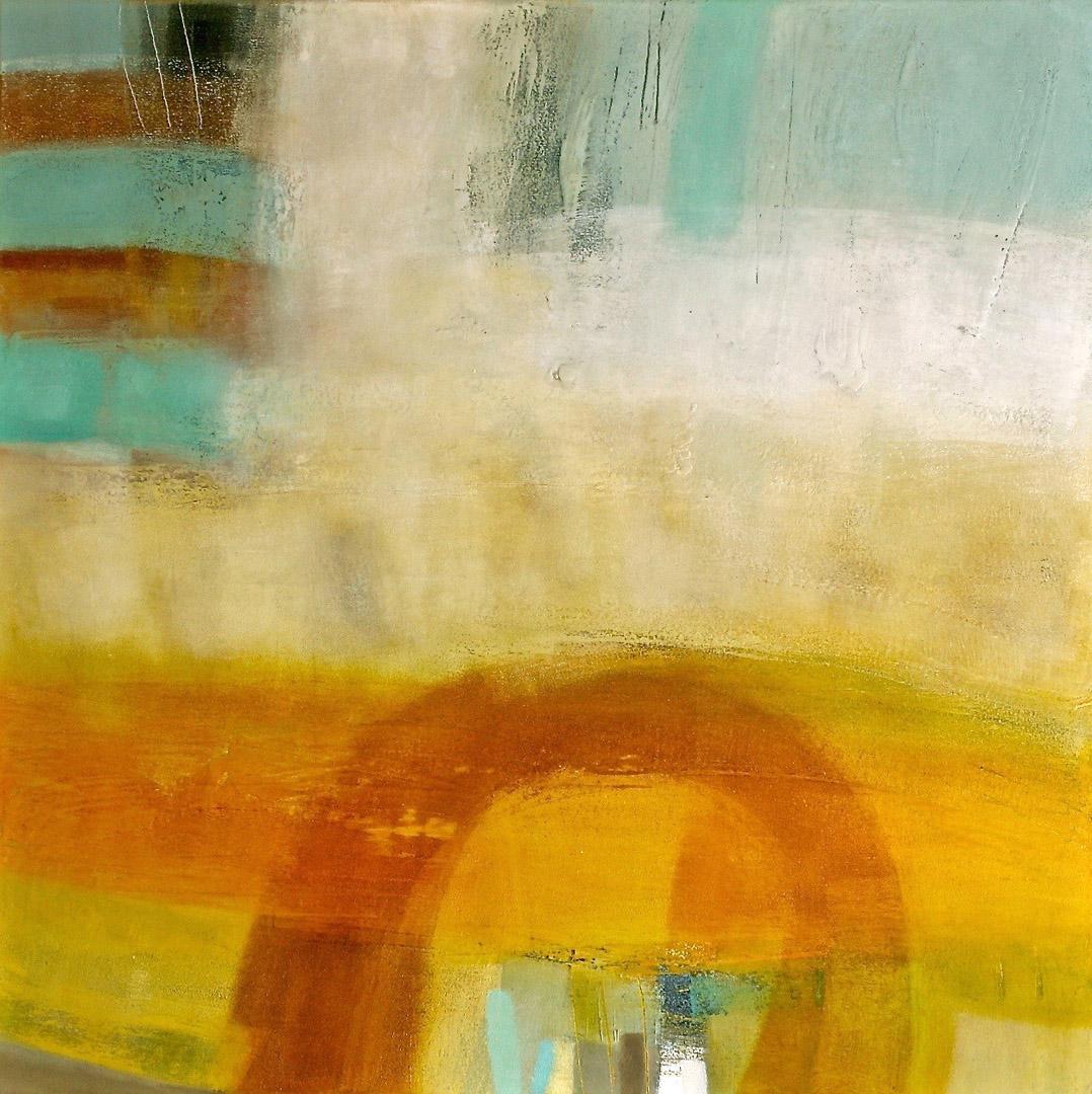 Colour and Form - contemporary abstract yellow bright encaustic oil painting - Painting by Val Hudson