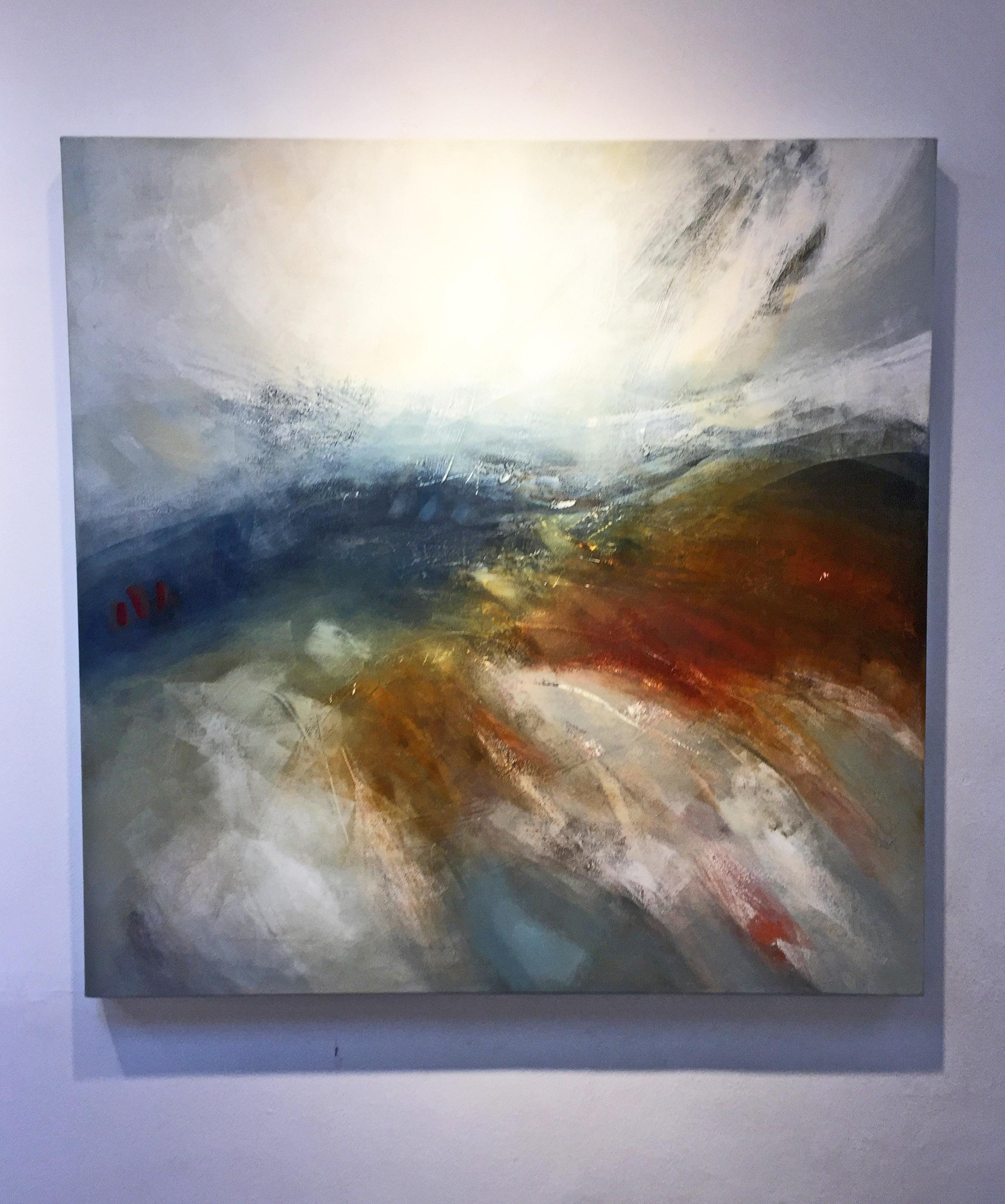Emergence III -contemporary abstract white and red painting oil on canvas - Painting by Val Hudson