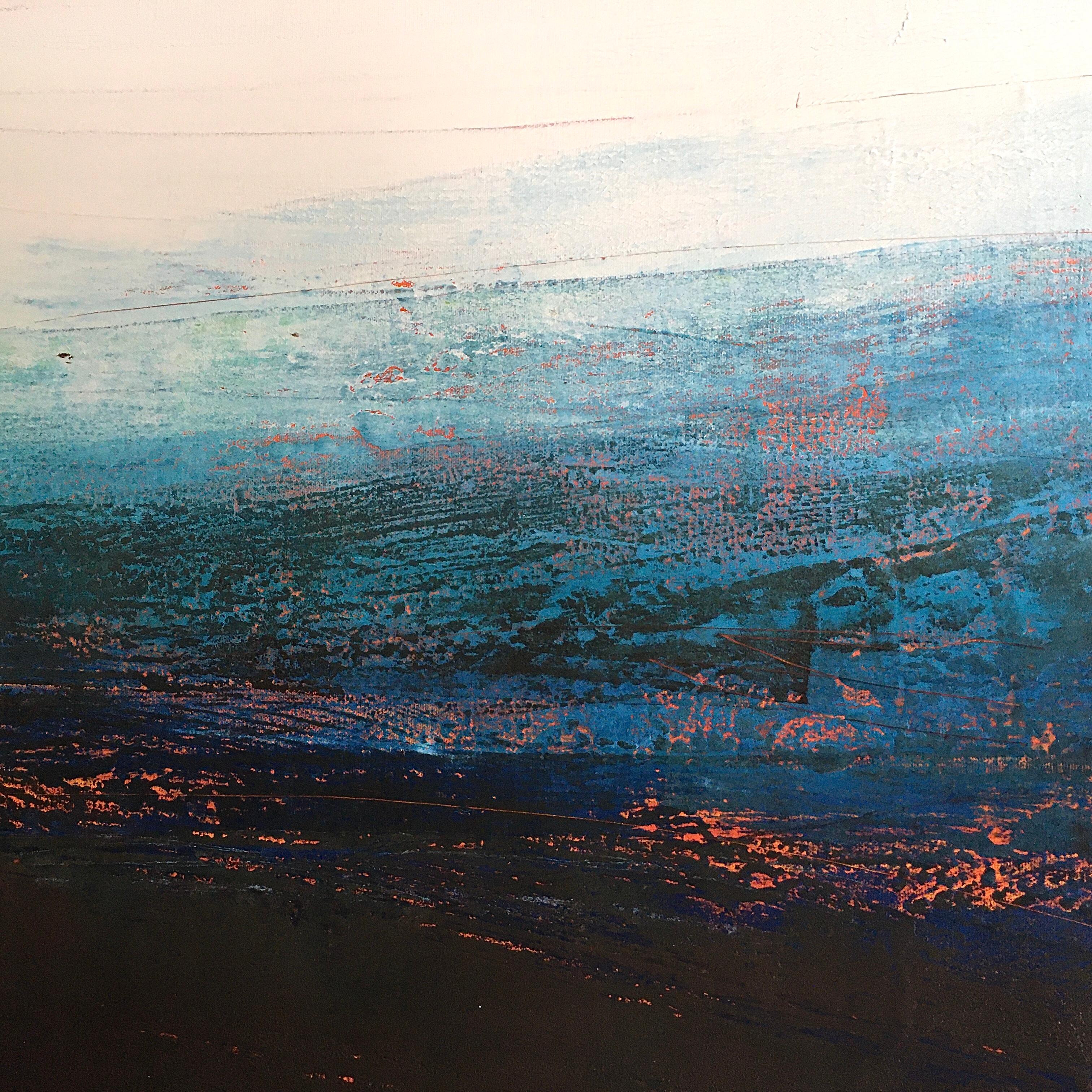 Nocturne -abstract blue and white painting wax and oil on canvas - Painting by Val Hudson
