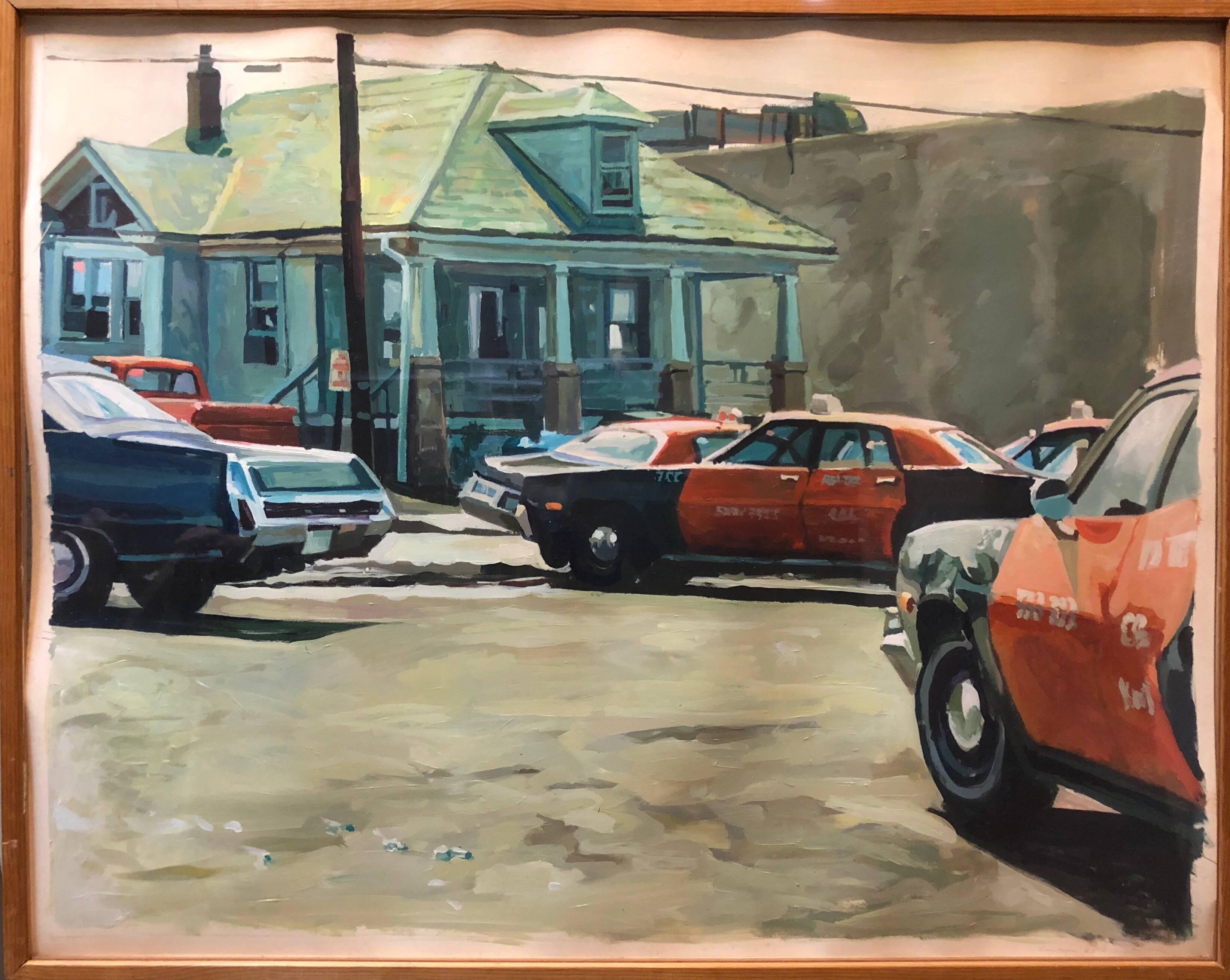 Peinture de scène de rue américaine vintage des années 1980, paysage avec chariots de taxi - Painting de Val Lewton