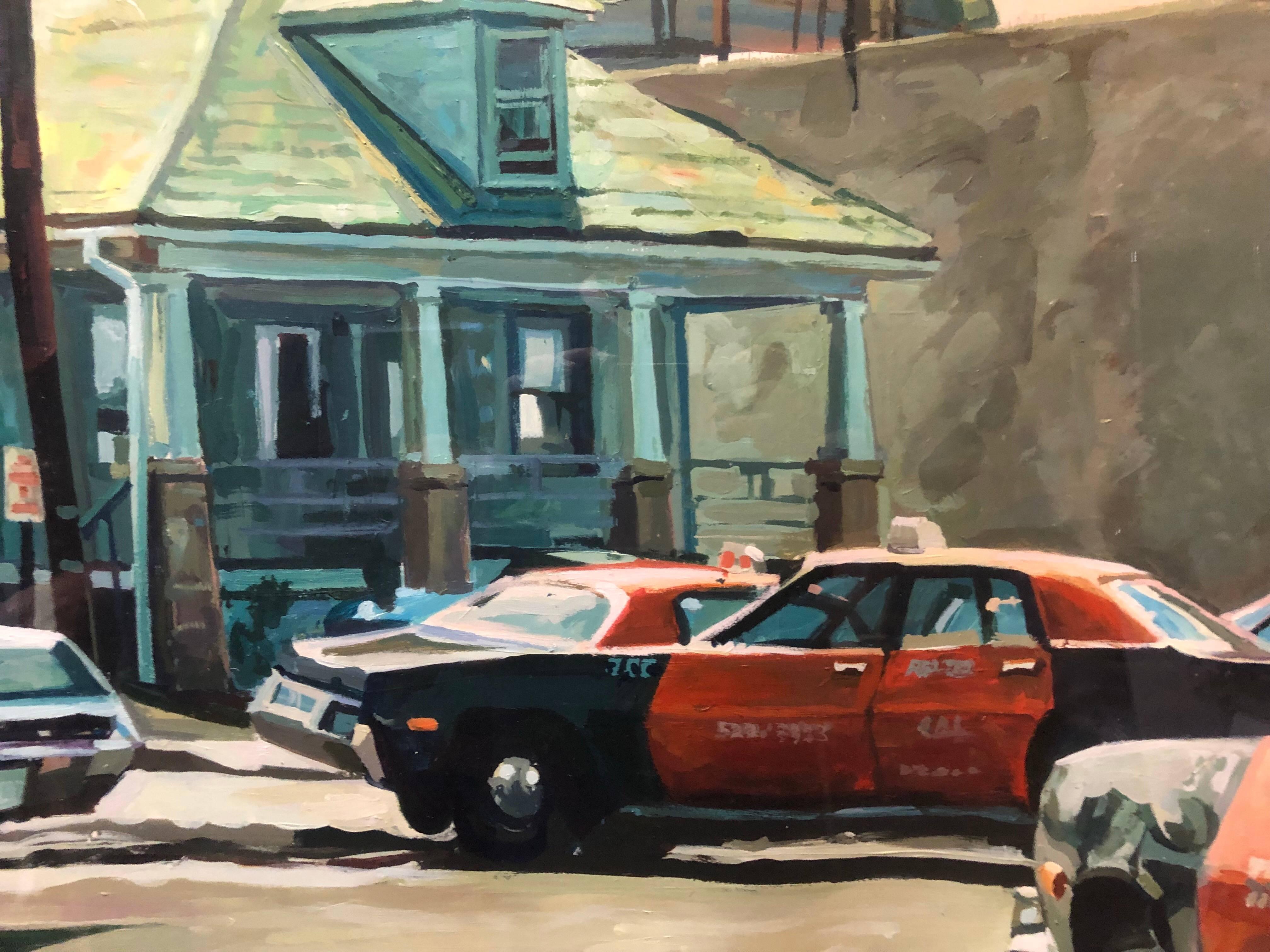 Peinture de scène de rue américaine vintage des années 1980, paysage avec chariots de taxi - Photoréalisme Painting par Val Lewton
