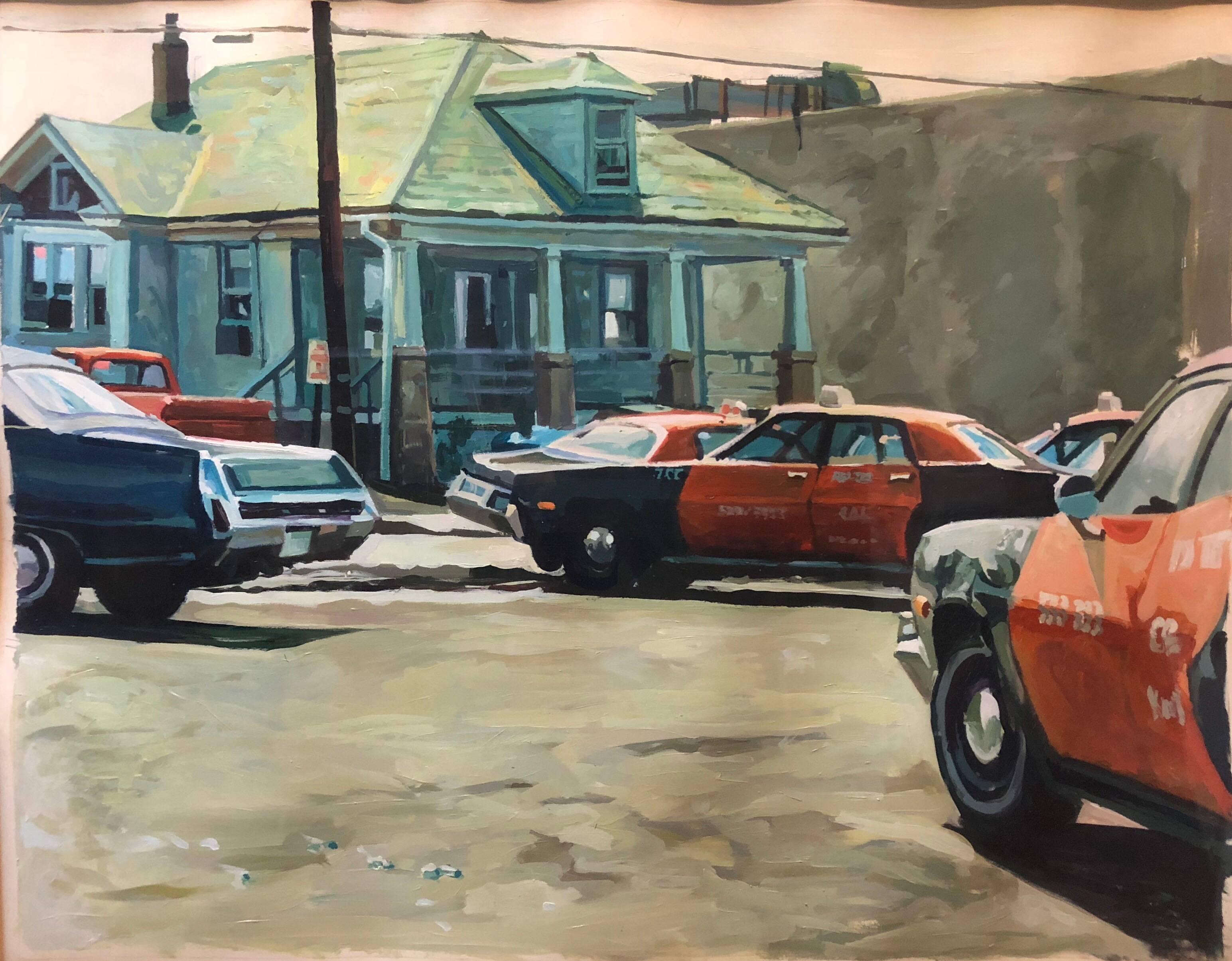 1980 Vintage American Street Scene Painting, Landscape with Taxi Cabs (peinture de scène de rue américaine, paysage avec taxis)