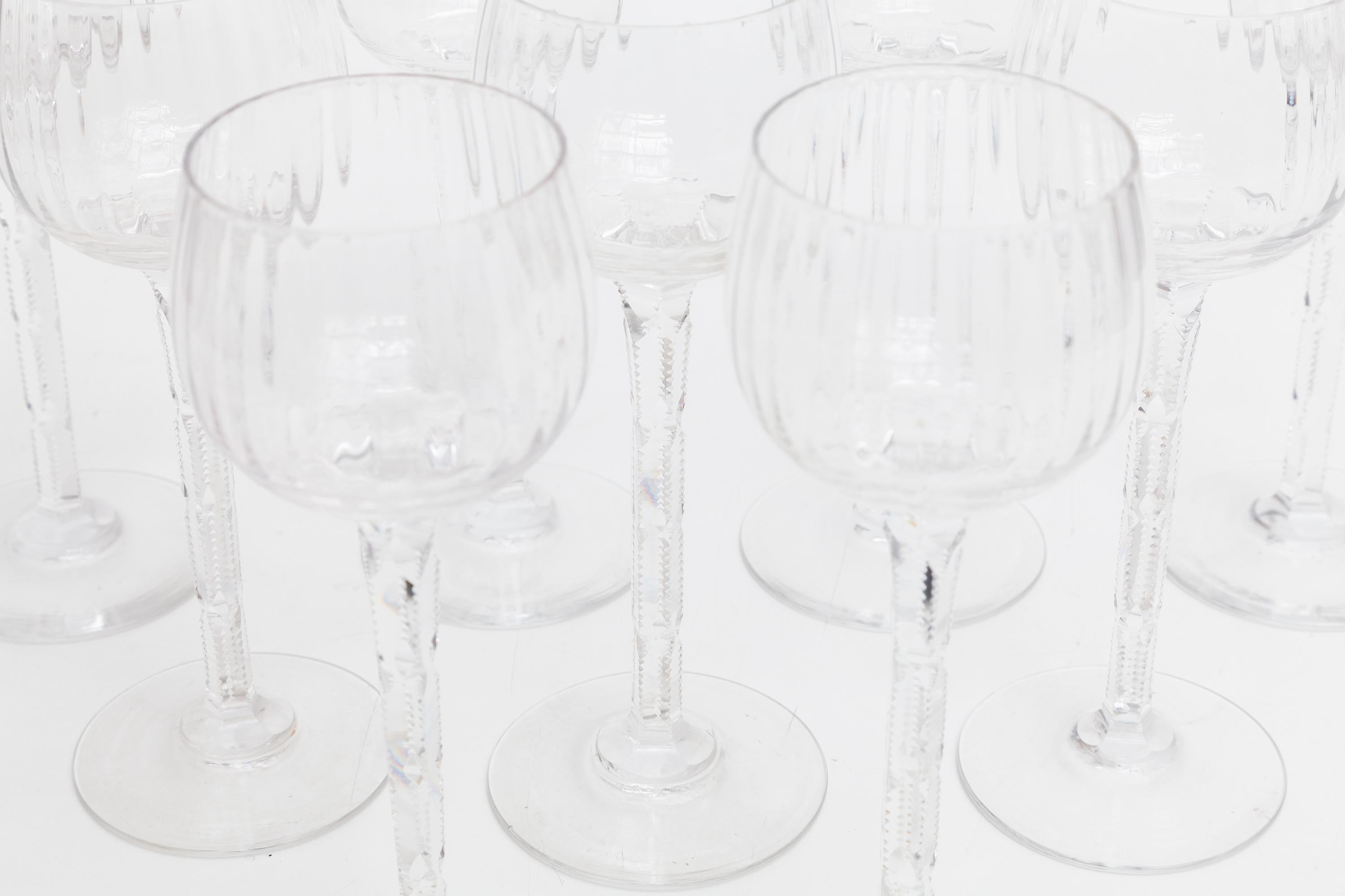 Belgian Val Saint Lamber Crystal Clear Faceted Wine Glasses Set of Nine