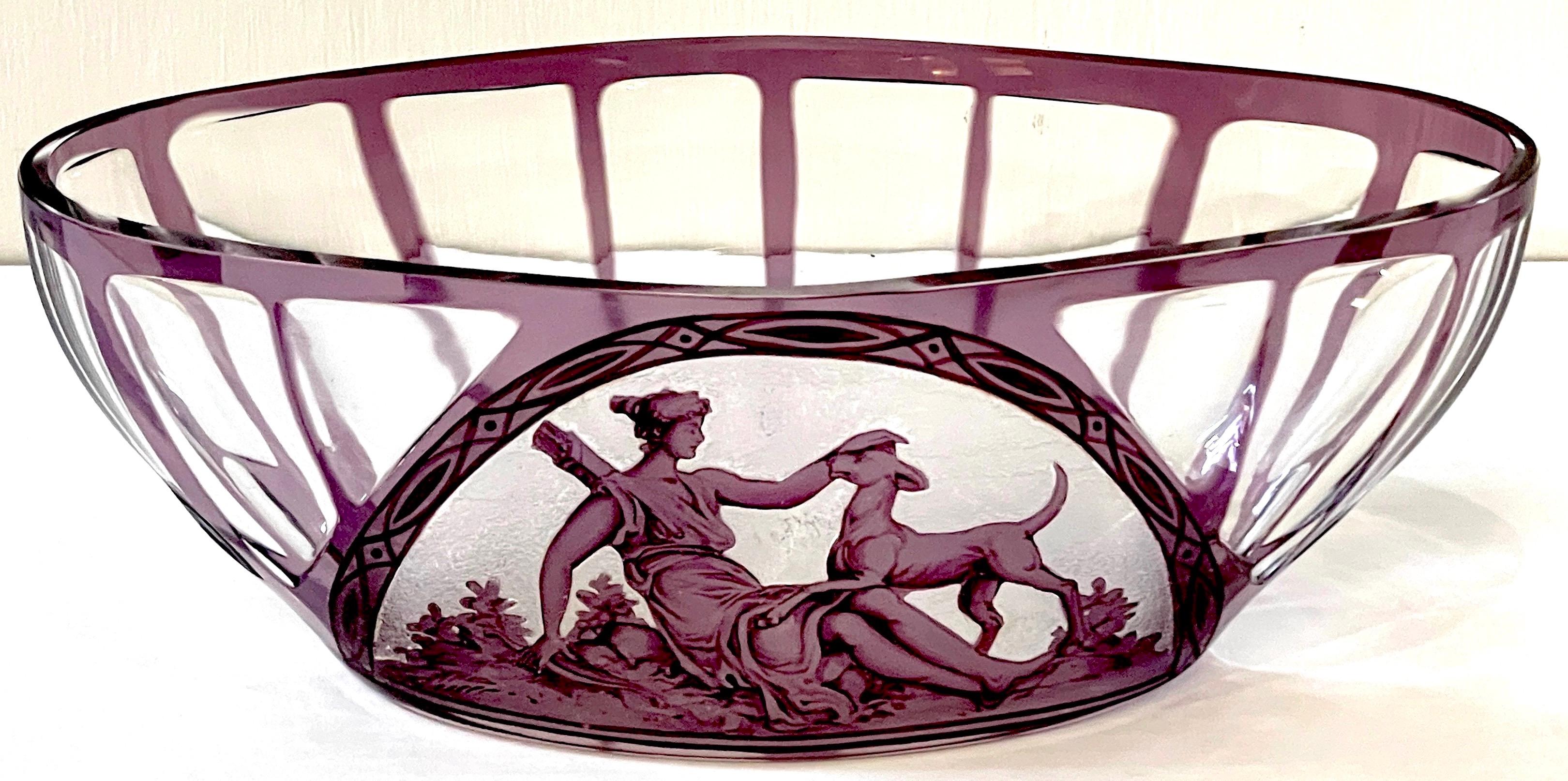 Val Saint lambert attributed amethyst cut to clear 'Diana the Huntress' bowl
Belgium, Circa 1920s
Of oval form panel cut to clear amethyst crystal bowl with a frontal medallion with finely executed vignette in acid etched/ cameo relief of Dianna the