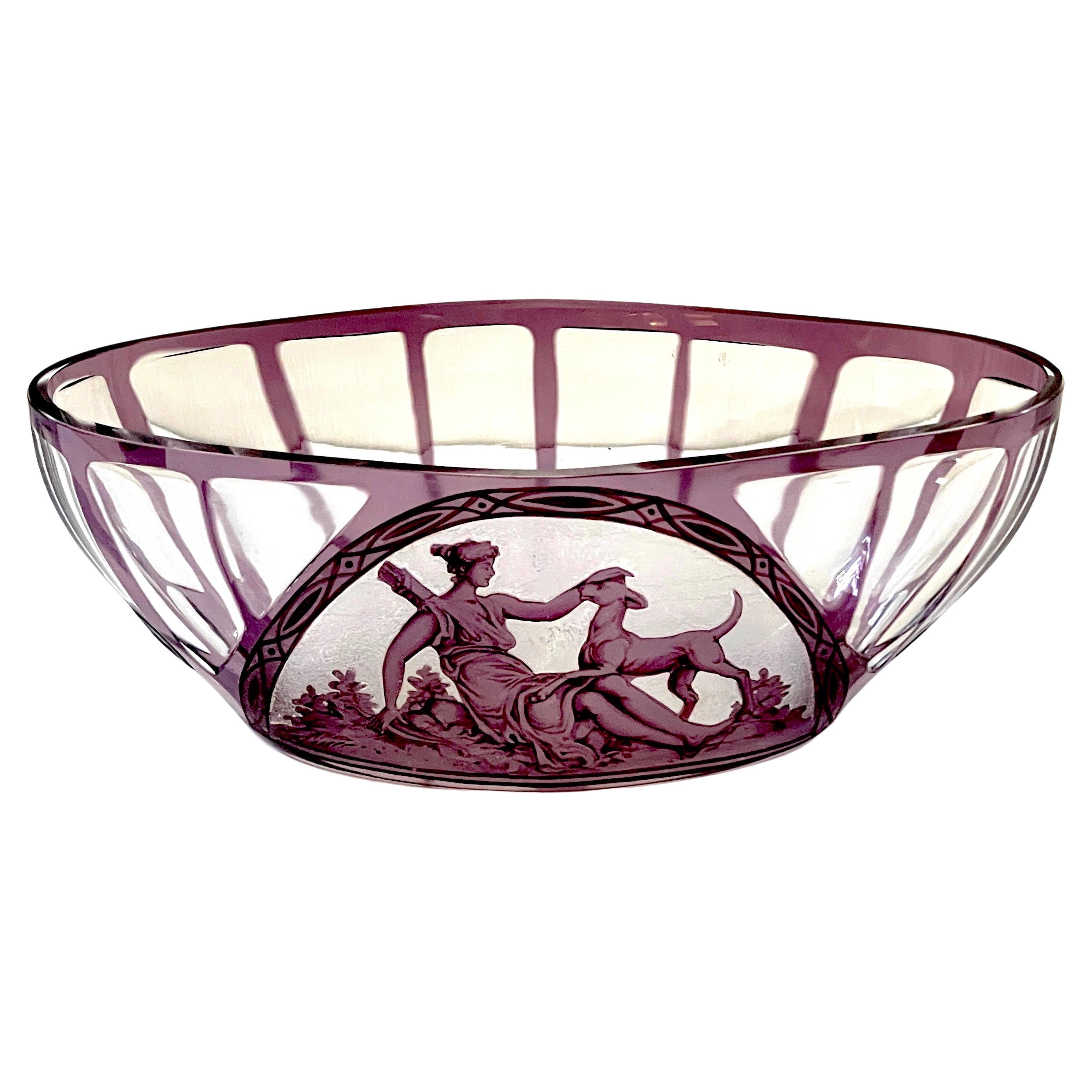 Val Saint Lambert attributed Amethyst Cut to Clear 'Diana the Huntress' Bowl For Sale