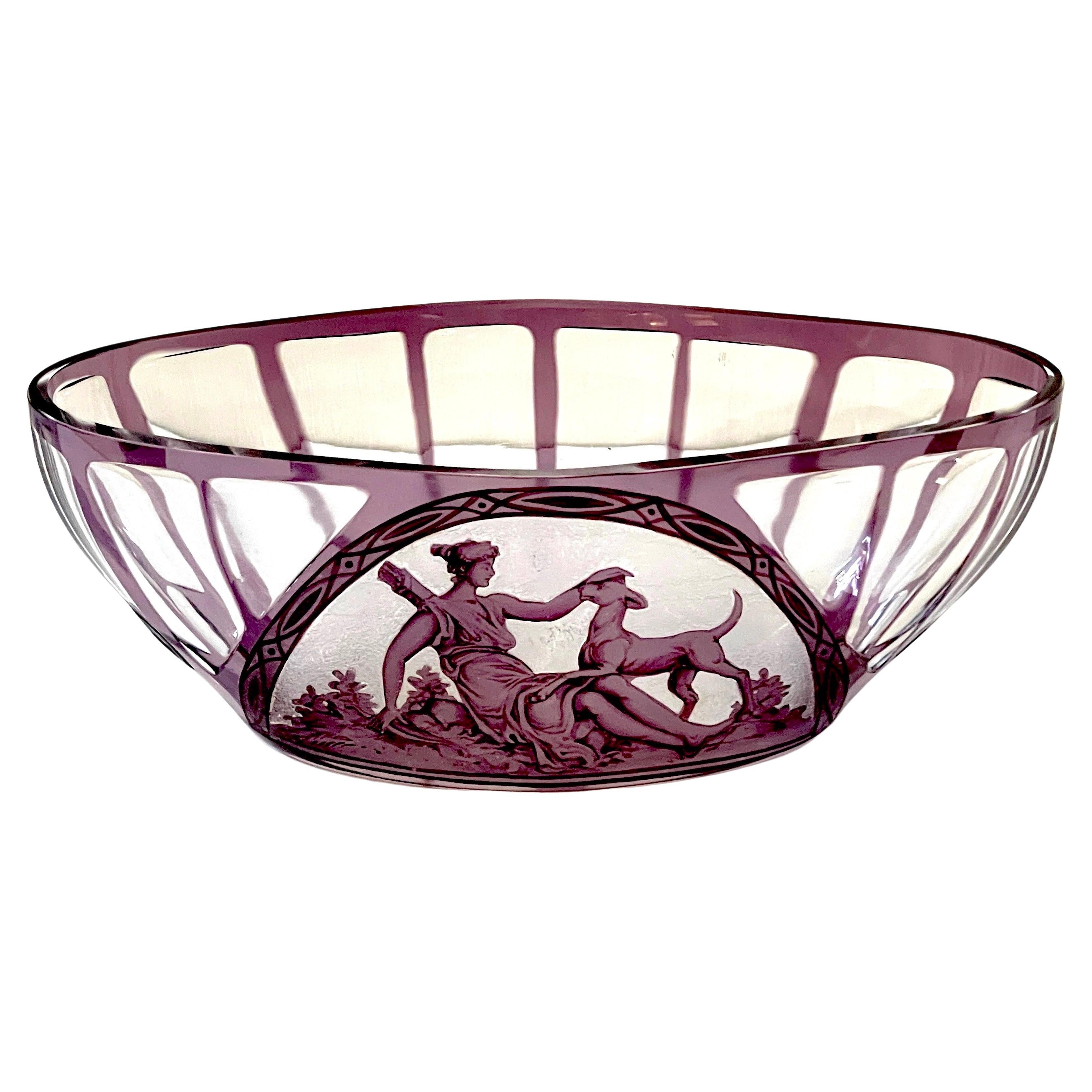 Val Saint Lambert attributed Amethyst Cut to Clear 'Diana the Huntress' Bowl