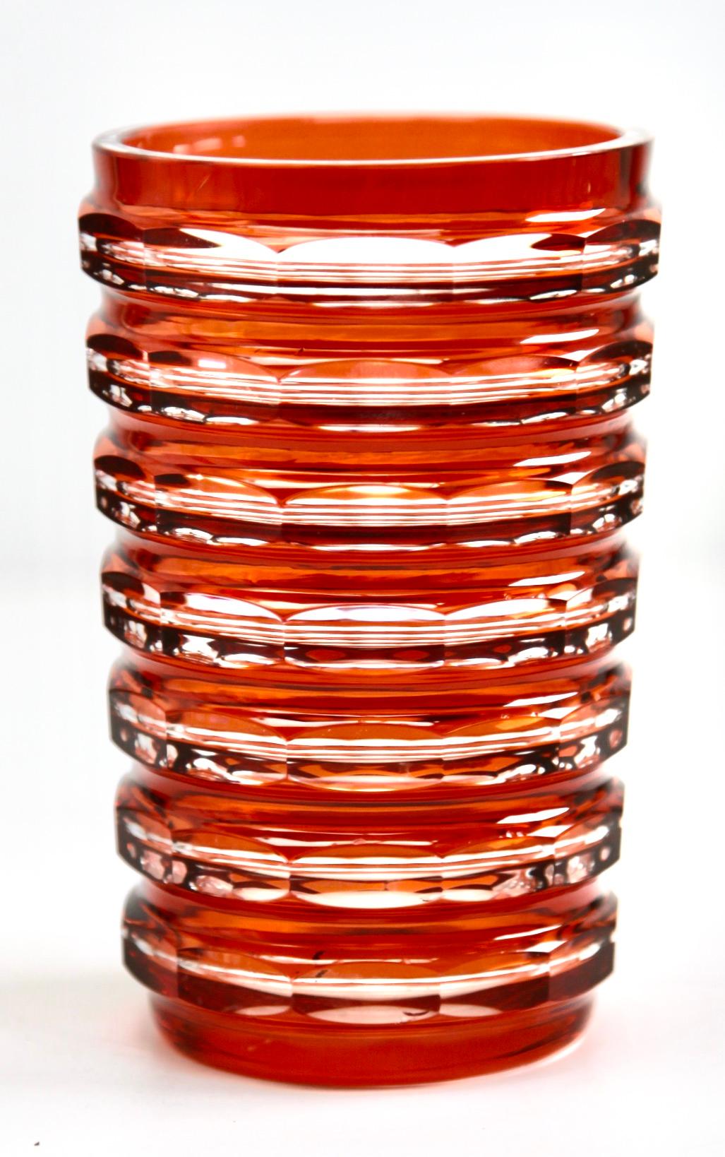 Val Saint Lambert crystal vase cut-to-clear, 1950s
by Val Saint-Lambert.

Color: vsl Clair double Aurore 
And popularly called orange

Beautiful Val Saint-Lambert hexagonal crystal vases, handcut-to-clear, the glass is thick, deeply and evenly