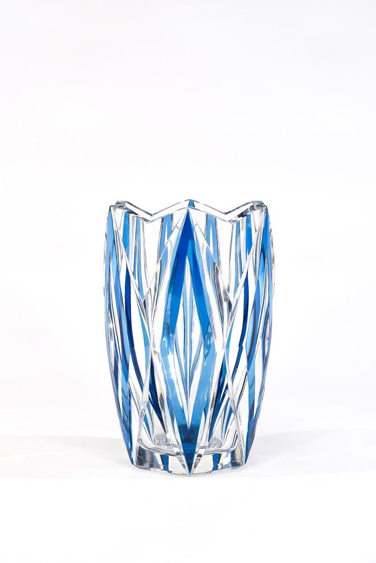Val Saint Lambert Art Deco Crystal Vase Turquoise Cut to Clear Diamond