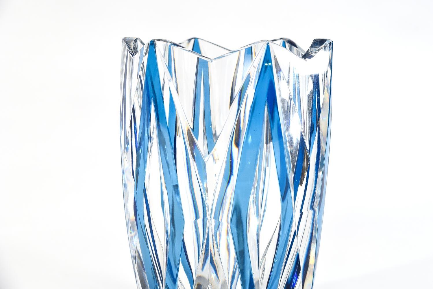 Belgian Val Saint Lambert Art Deco Crystal Vase Turquoise Cut to Clear Diamond Pattern